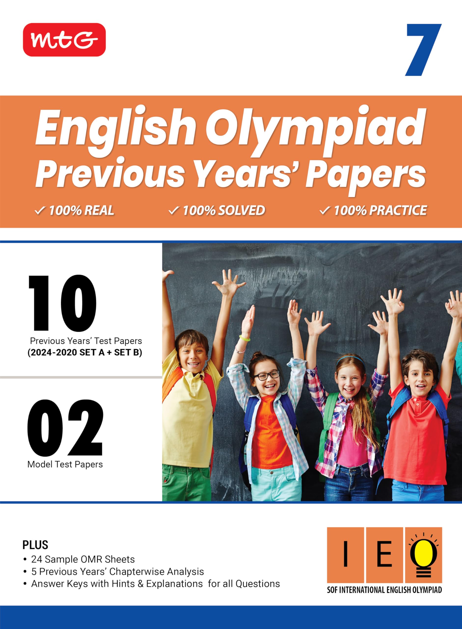 MTG Class7 IEO Olympiad 10 Previous Years Papers English (20242020 Set A & B)  Model Test Papers with 24 Sample OMR Sheets & 
