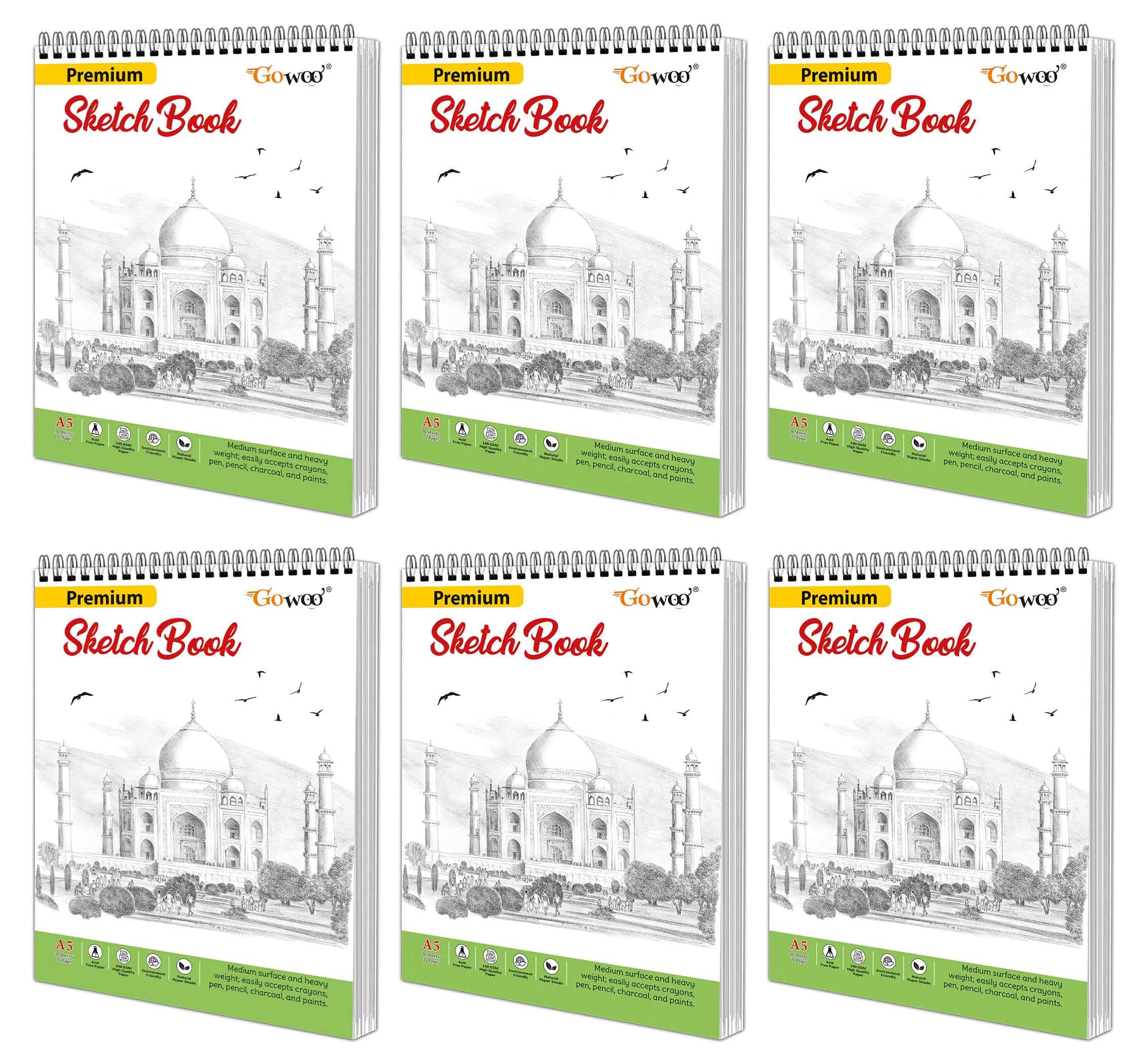 A5 Premium Sketch Book : Set of 6  Top SpiralBound Art Notebooks, 140 GSM Sketching and Drawing Acid Free Paper for Doodling