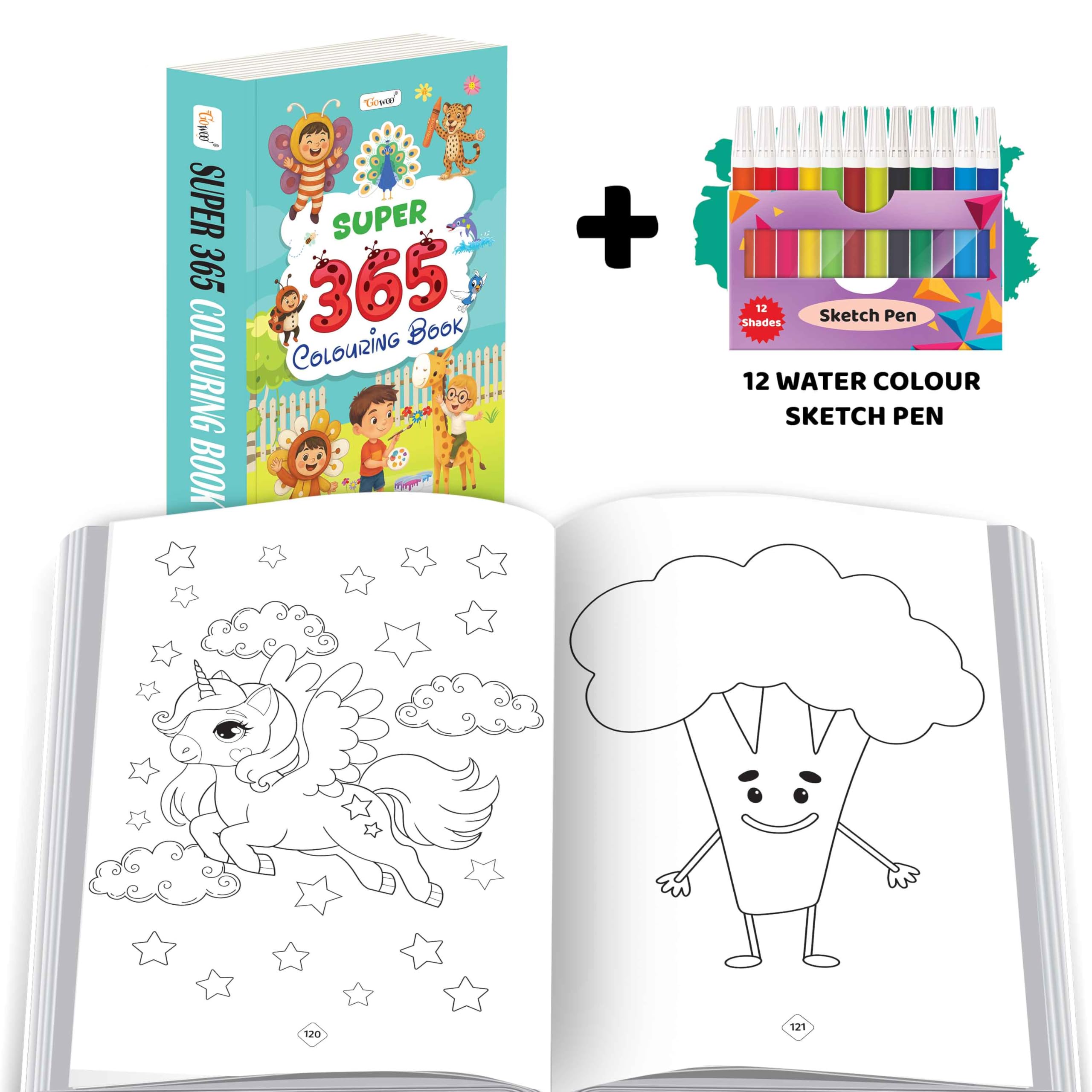 SUPER  365 Colouring Book and 12 Water Colour Sketch Pens : creative colouring book for children, beautiful colouring book wit