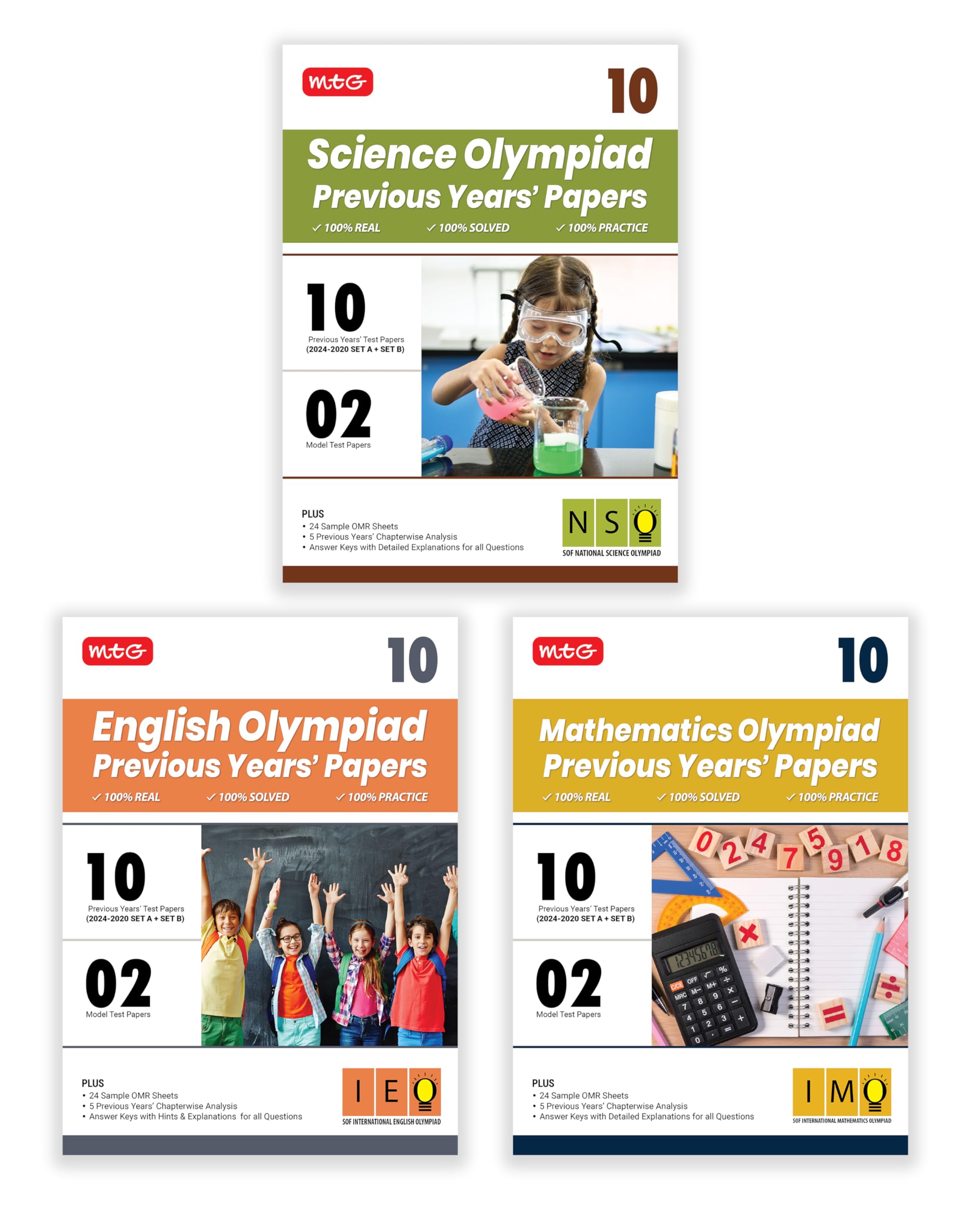MTG Class10 IMONSOIEO Olympiad 10 Previous Years Papers (20242020 Set A & B) Mathematics, Science & English (Set of 3 Books)