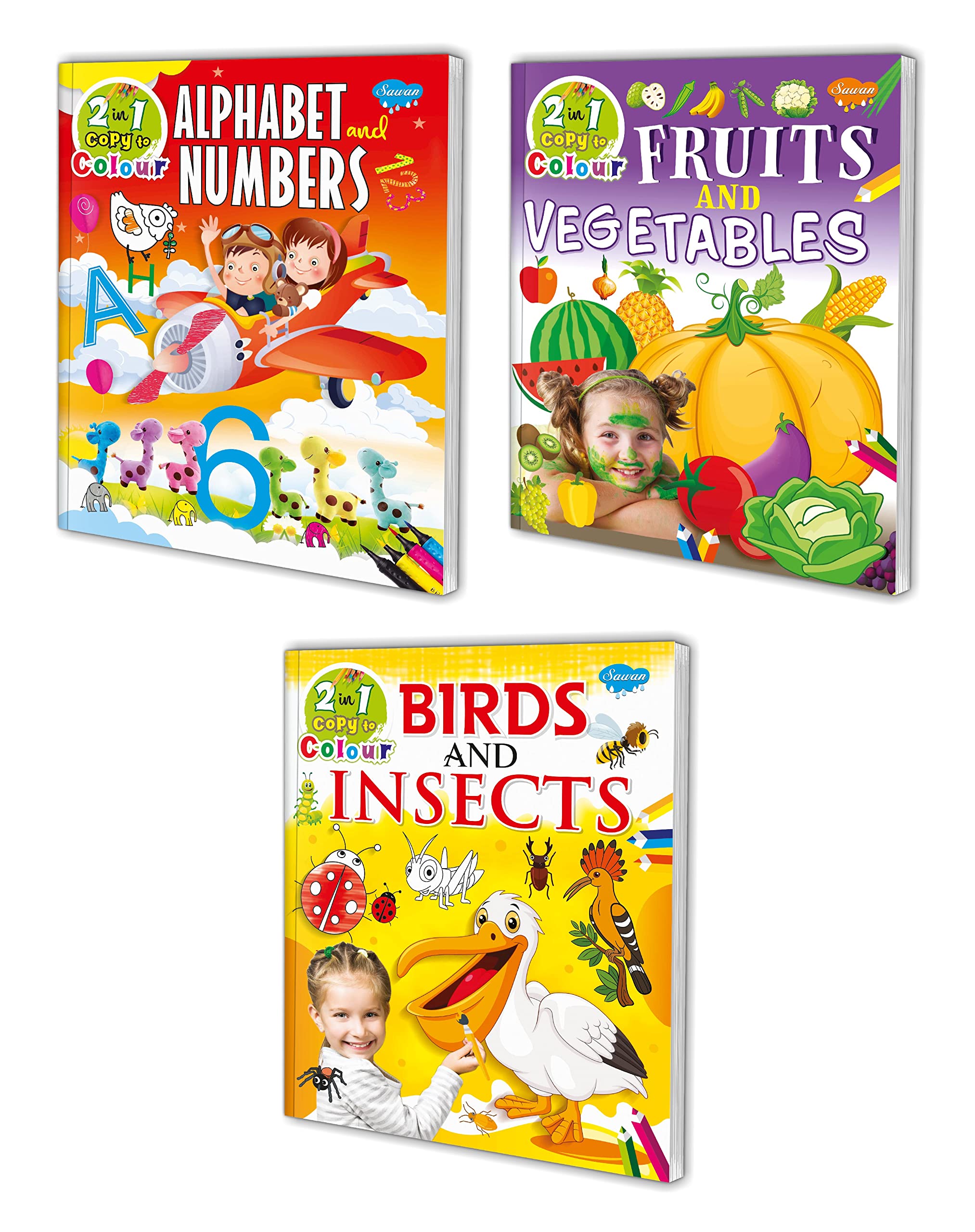 Sawan 2 In 1 Copy To Colour Fruits & Vegetables, Birds & Insects And Alphabet & Numbers | Pack Of 3 Colouring Books