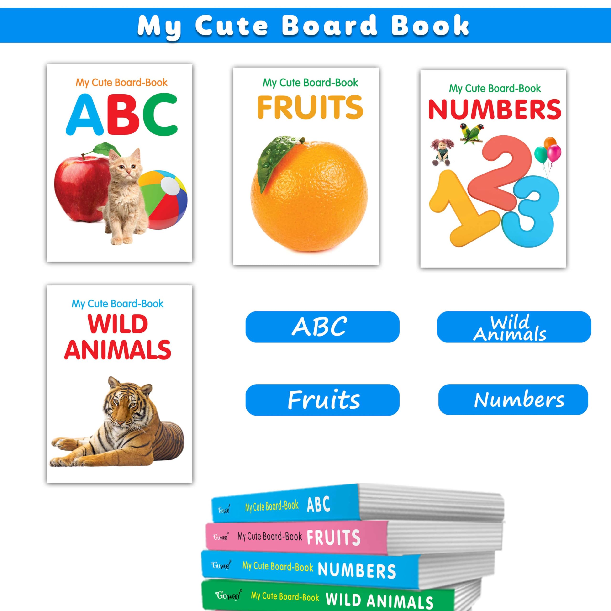 Baby board books collection  ABC, Wild Animals Fruits and Numbers : preschooler starter book set, first concept board books, al