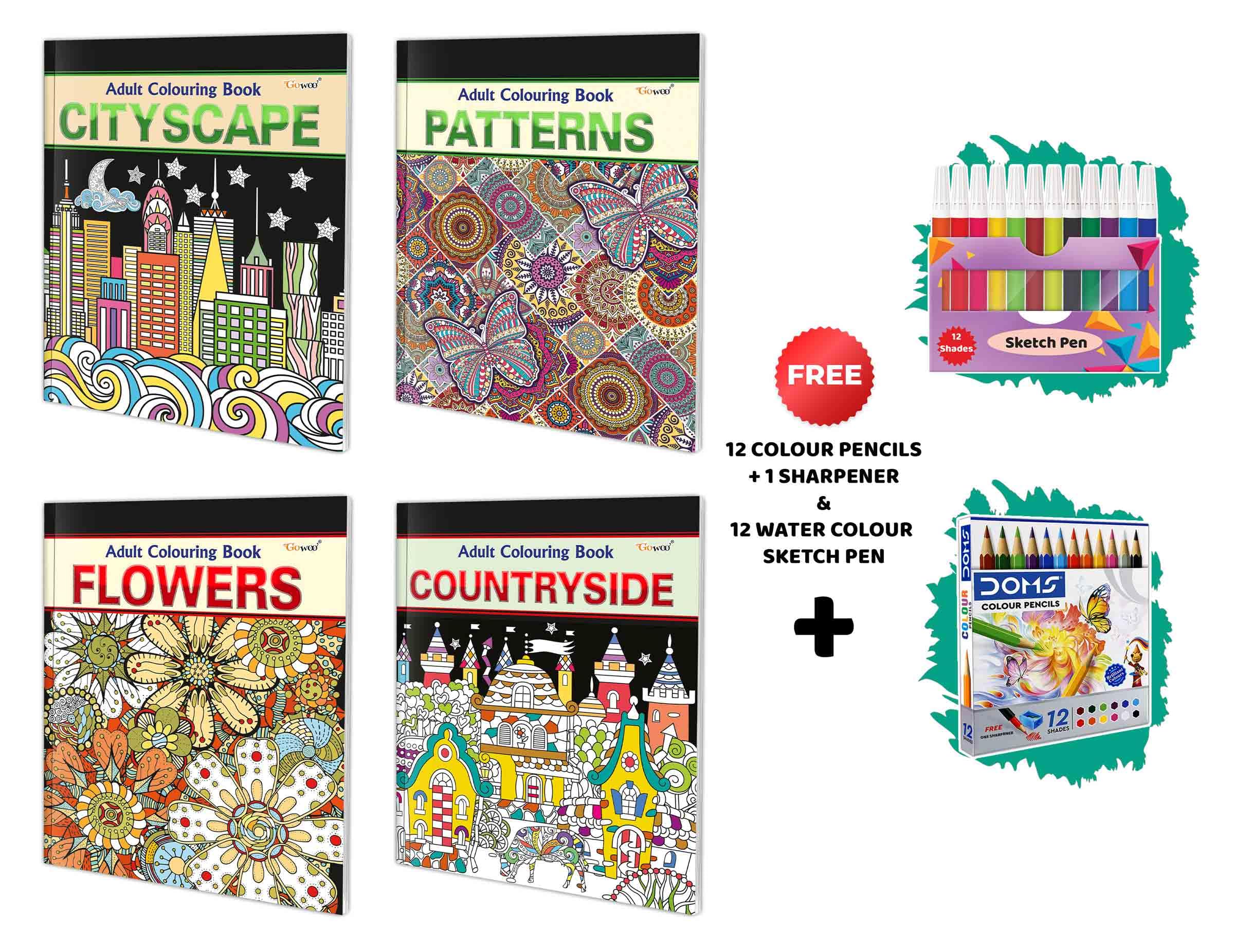 Cityscape, Patterns, Flowers and Countryside  Adult Colouring Book with 12 Water Colour Sketch Pens and 12 Colour Pencils + 1 S