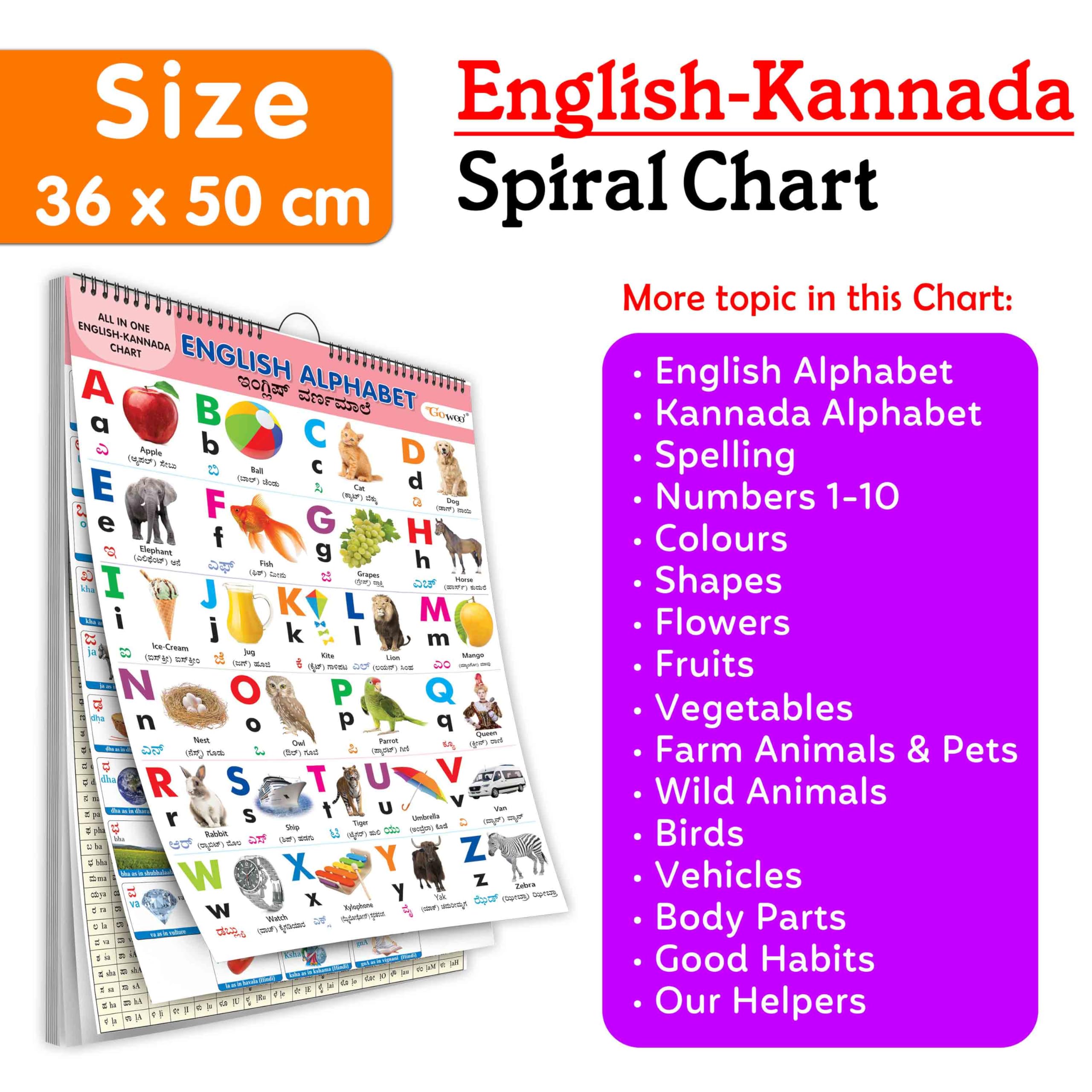 ENGLISHKANNADA Chart For Kids (16 Charts ) 36 x 50 cm  Children Spiral Wall Picture Chart