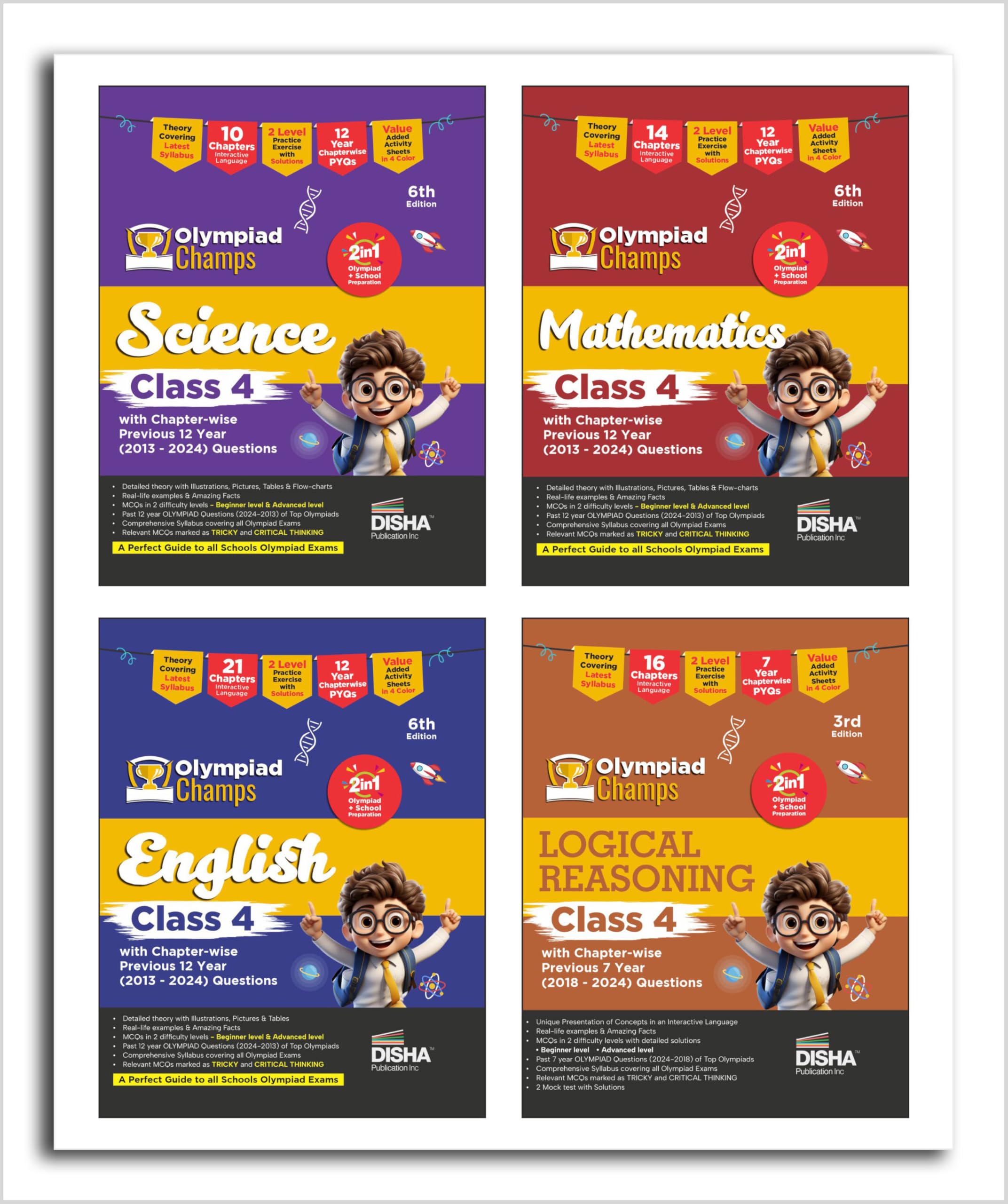 Disha Combo Class 4 (Set Of 4 Books) Olympiad Champs Science, Mathematics, English & Logical Reasoning With ChapterWise Previou