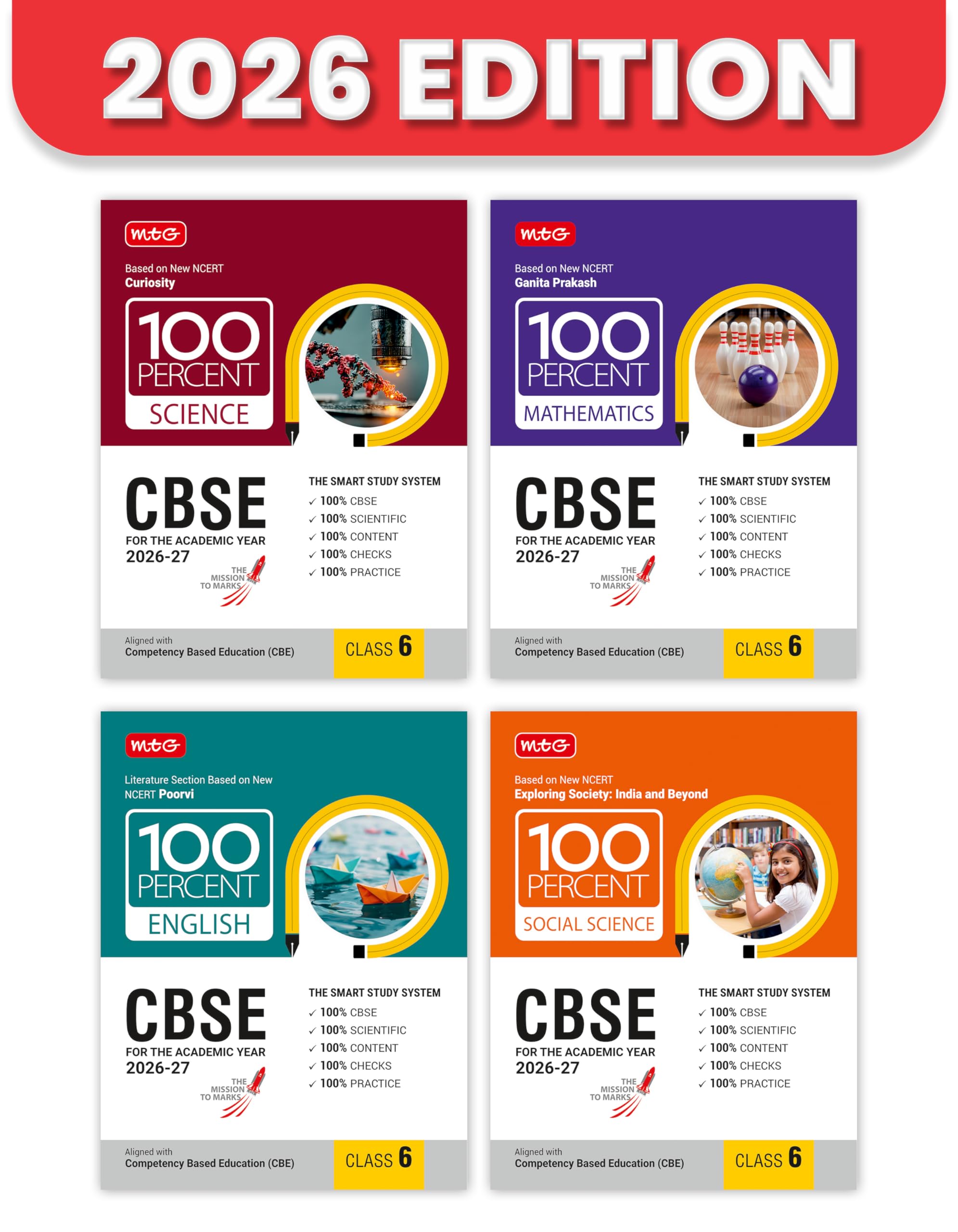 MTG 100 Percent NCERT & CBSE Science, Mathematics, English & SocialScience Class 6 For 202627 Exam (Set of 4) | As Per Revised
