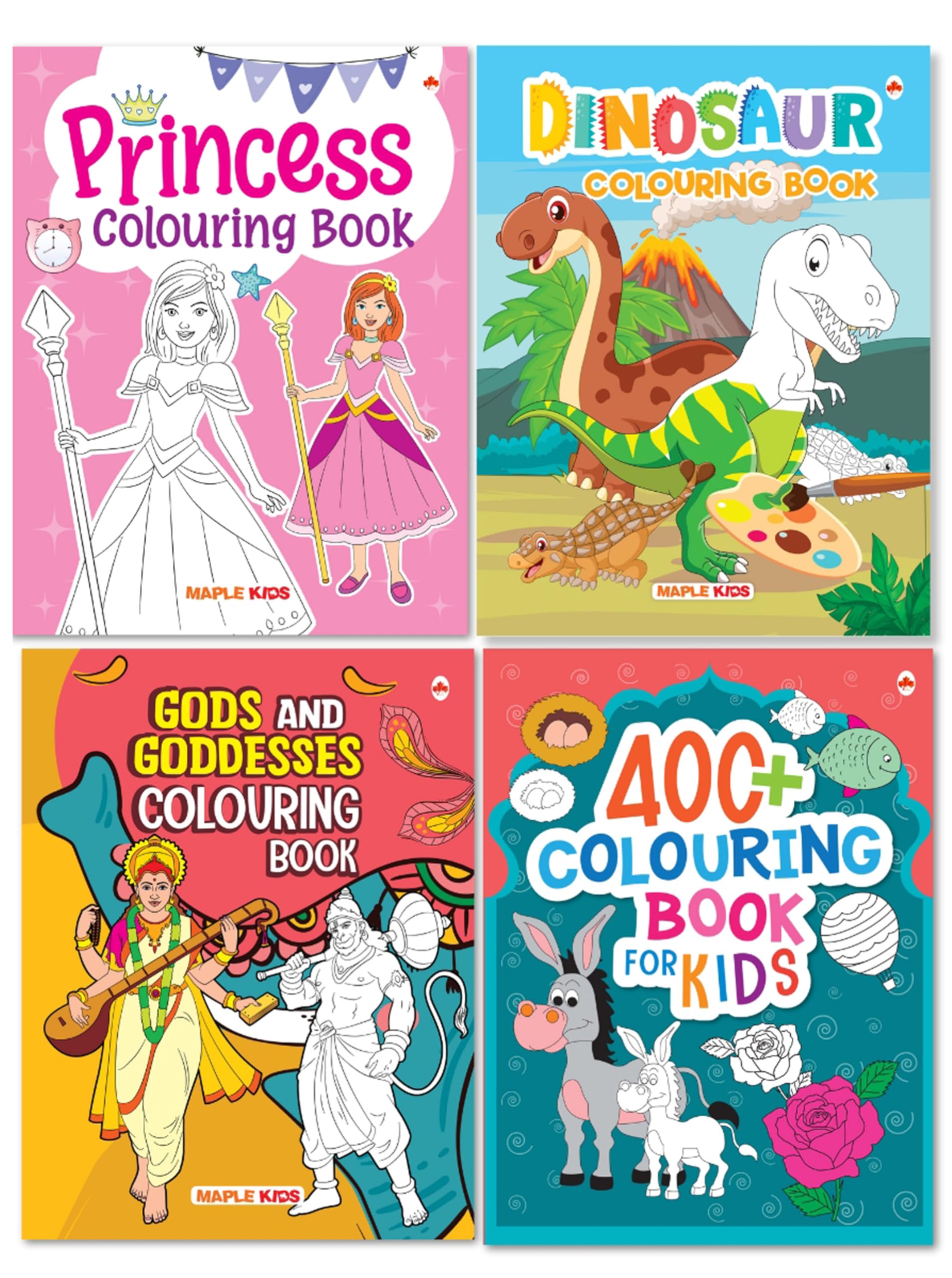 Colouring Books (Set of 4 Books)  Princesses, Dinosaurs, Gods and Goddesses, Shapes, Numbers, Flags, Festivals, Games, Clothes,