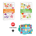 2 in 1 Copy to Colour  Flowers & Water Animals and Fruits & Vegetables with 10 Wax Crayons : Bright nature bundle, Colourful c