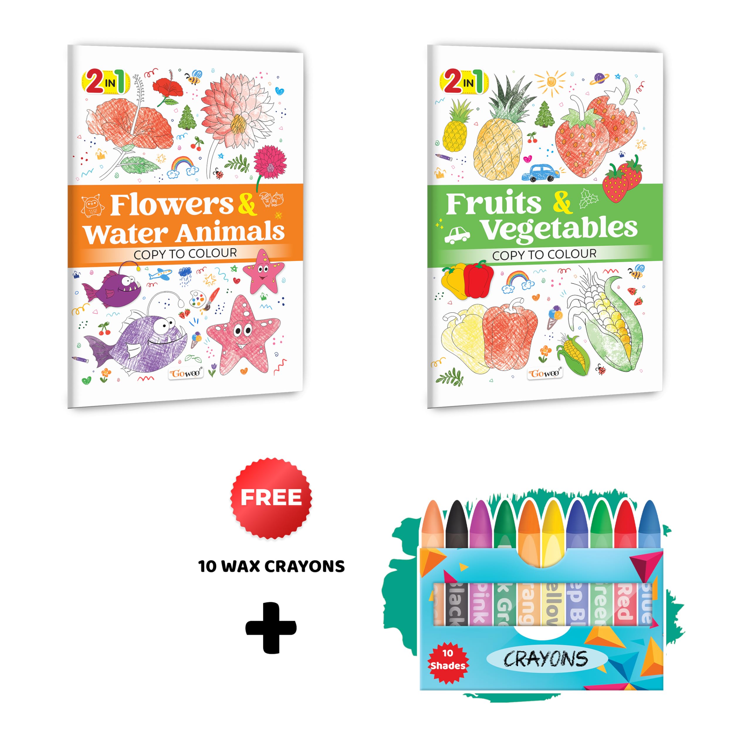 2 in 1 Copy to Colour  Flowers & Water Animals and Fruits & Vegetables with 10 Wax Crayons : Bright nature bundle, Colourful c