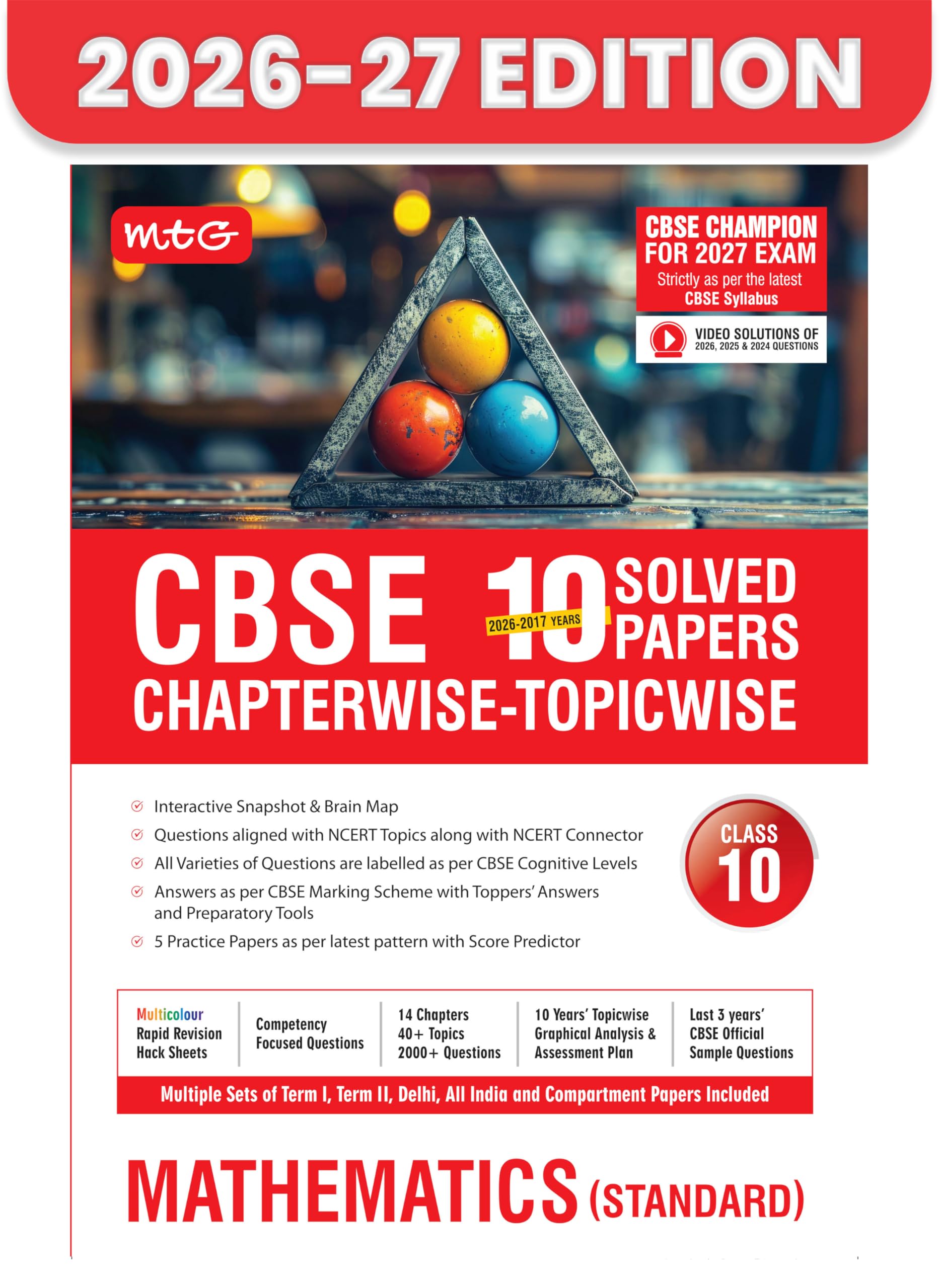 MTG CBSE Class 10 PYQs Book | 10 Years (20262017) Chapterwise Topicwise Solved Papers Mathematics Standard  CBSE Champion For 