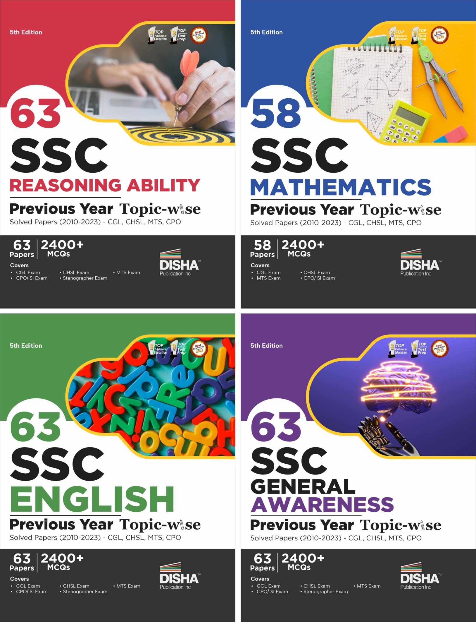 Combo (Set Of 4 Books) 63 Ssc Mathematics, English, Reasoning Ability & General Awareness Previous Year TopicWise Solved Papers