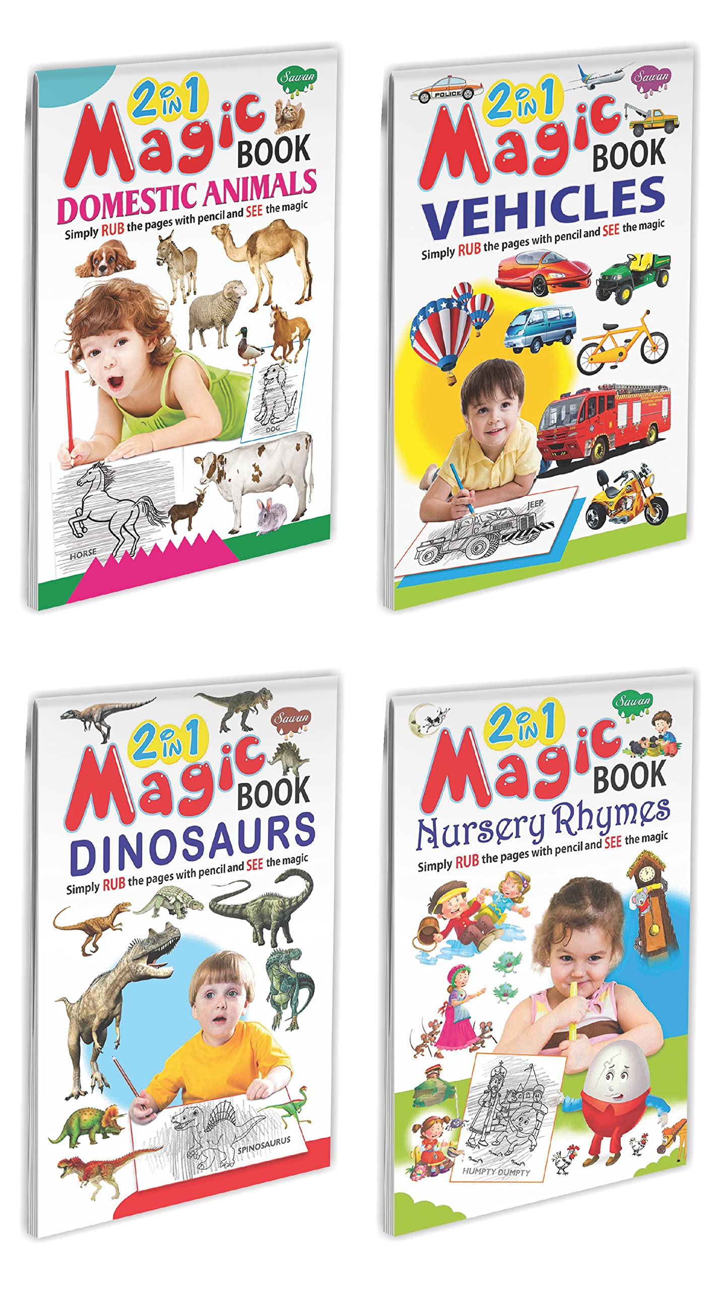 2 In 1 Magic Book Of FruitsVegetables, FlowersVehicles, Domestic AnimalsWild Animals And AlphabetNursery Rhymes, Set Of 4 Bo