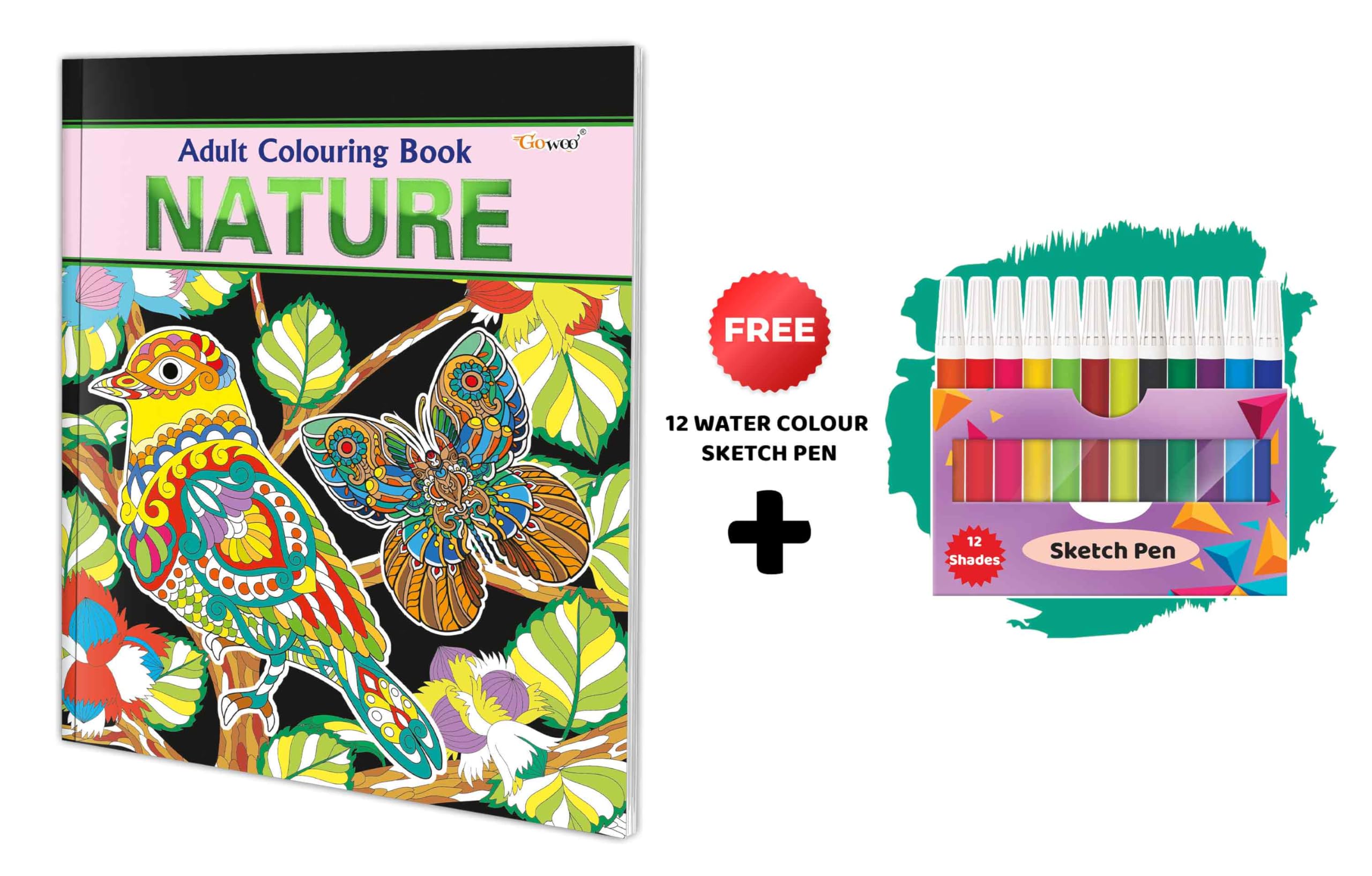 Nature  Adult Colouring Book With 12 Water Colour Sketch Pen : Creative Coloring for Adults, Relaxing Coloring Art, Creative Co