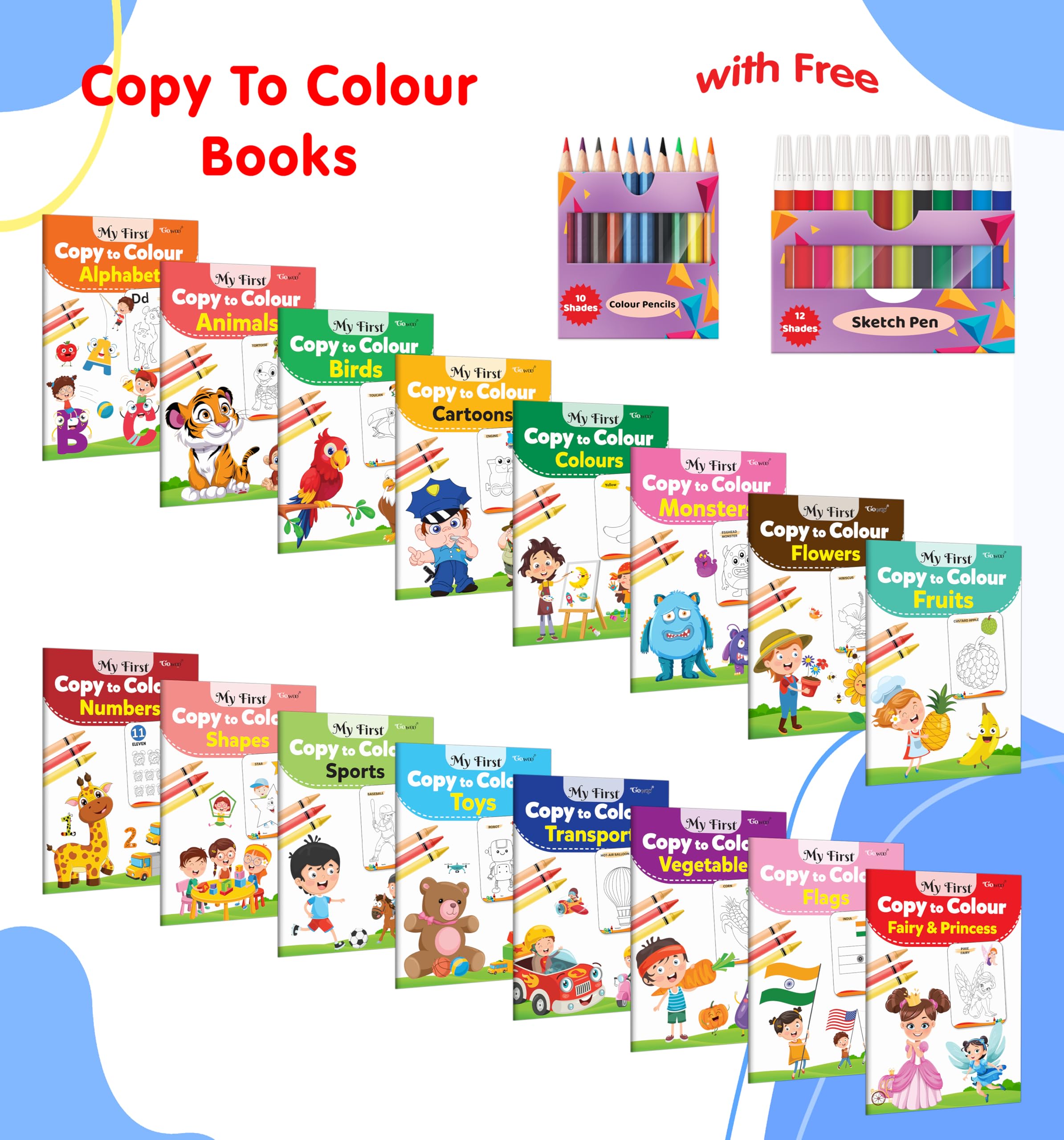 My First Copy to Colour  Alphabet, Animals, Birds, Cartoons and more with 12 WATER COLOUR SKETCH PEN and 10 COLOUR PENCILS : en