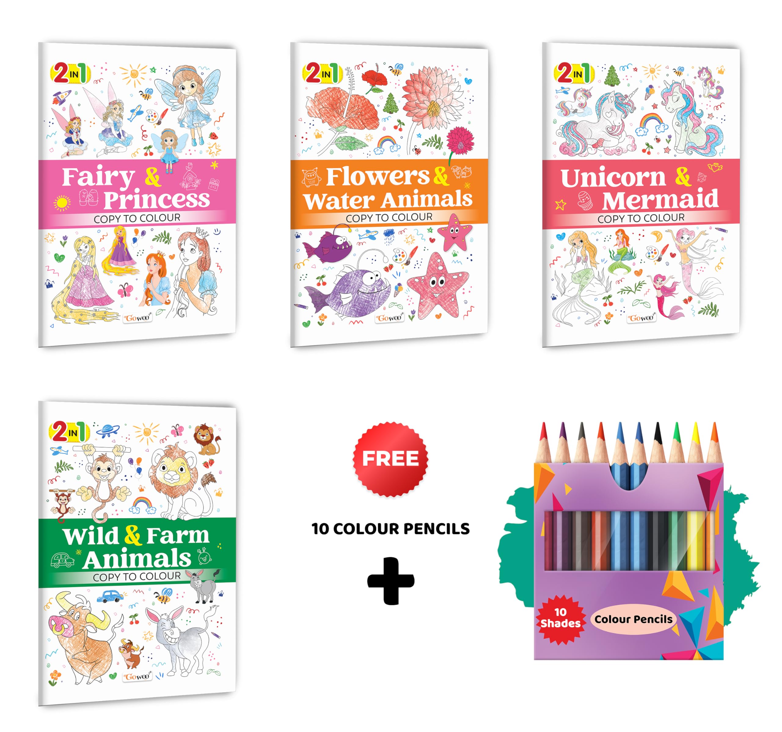 2 in 1 Copy to Colour  Fairy & Princess, Flowers & Water Animals, Unicorn & Mermaid and Wild & Farm Animals with 10 Colour Penc