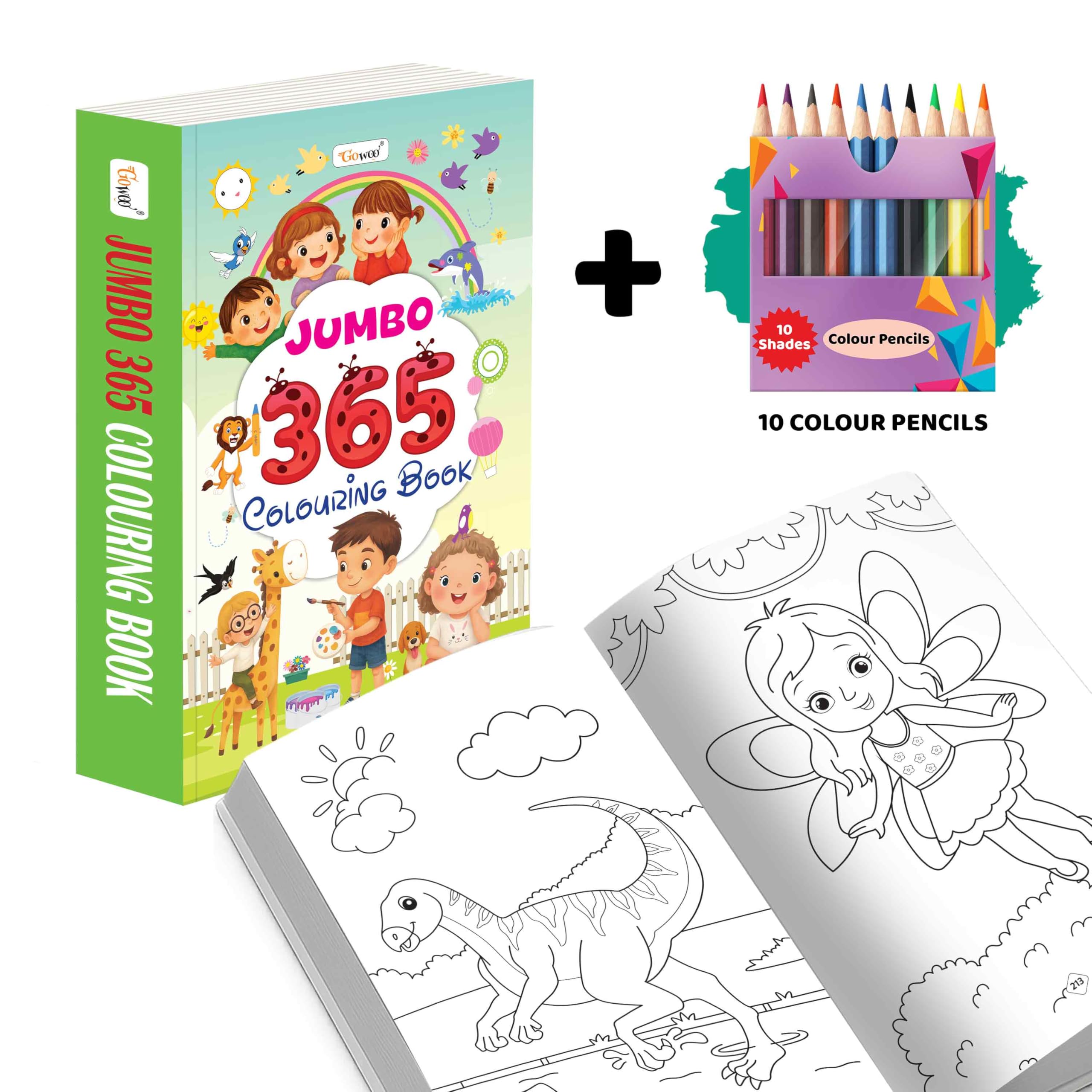 JUMBO  365 Colouring Book and 10 Colour Pencils : Educational Colouring for Kids, fun daily colouring book for children, colou