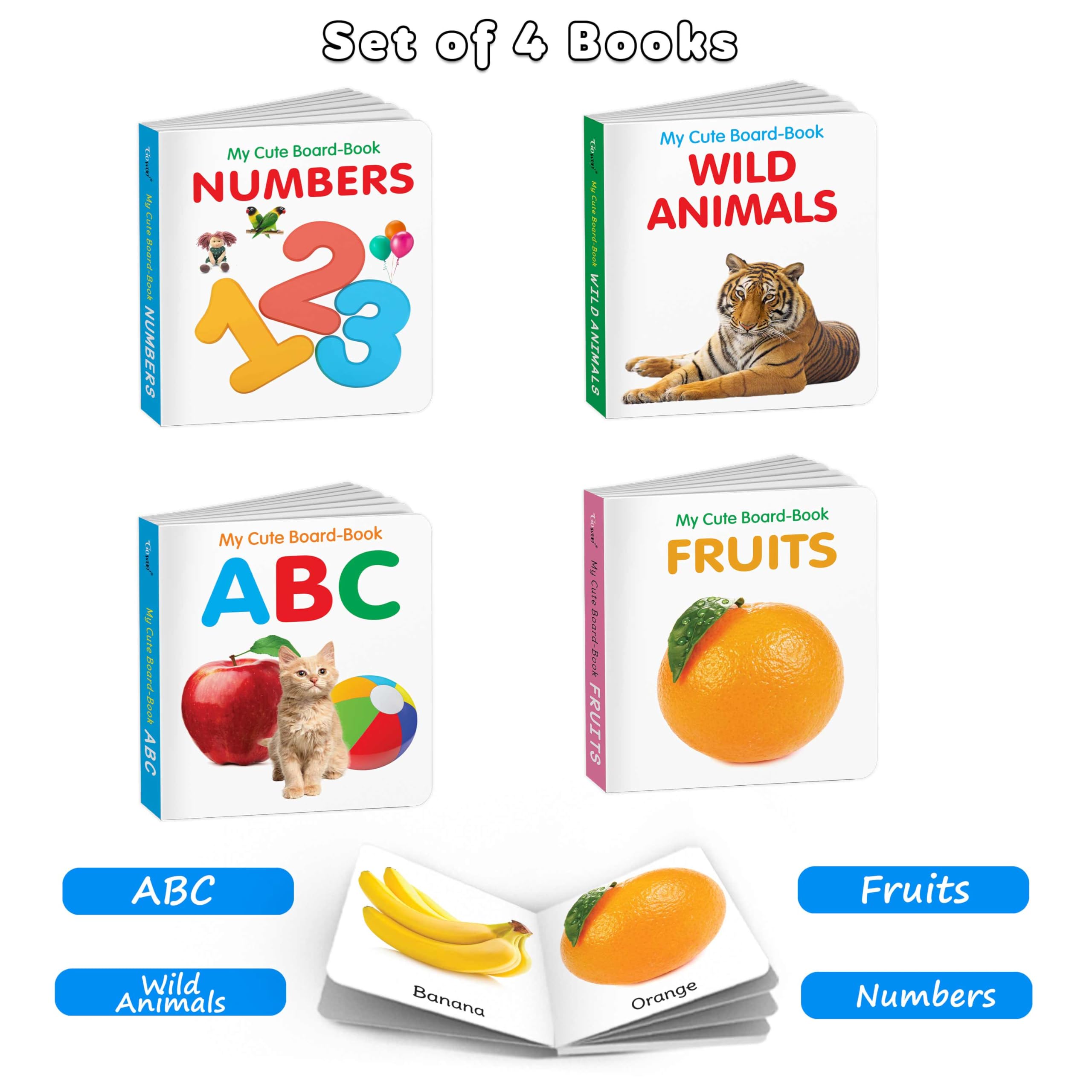 Baby board books collection  ABC, Wild Animals Fruits and Numbers : early age reading book set, baby first learning books, mini