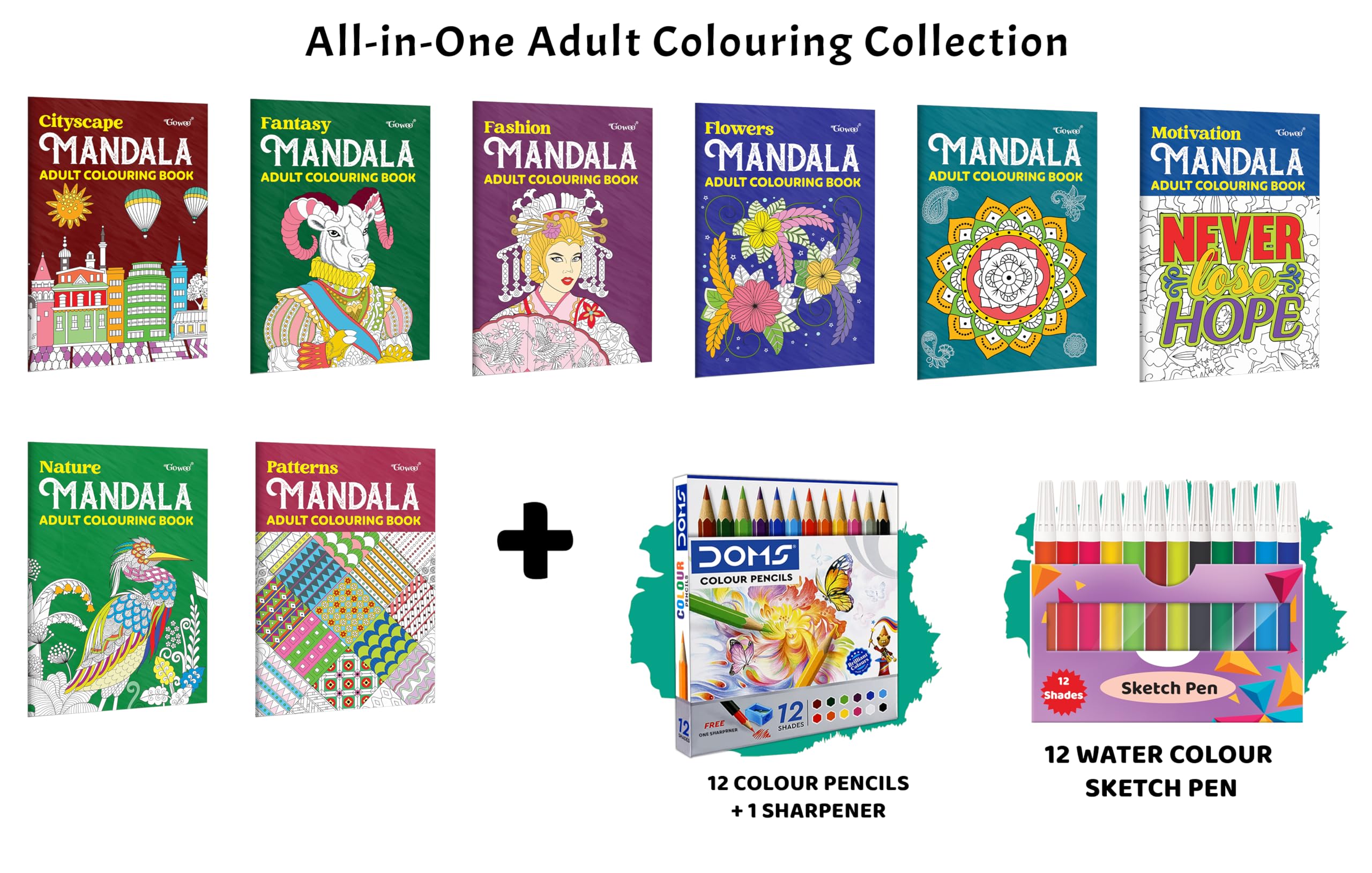 Cityscape, Fantasy, Fashion  Mandala Adult Colouring Book and more with 12 Water Colour Sketch Pens, 12 Colour Pencils + 1 Shar