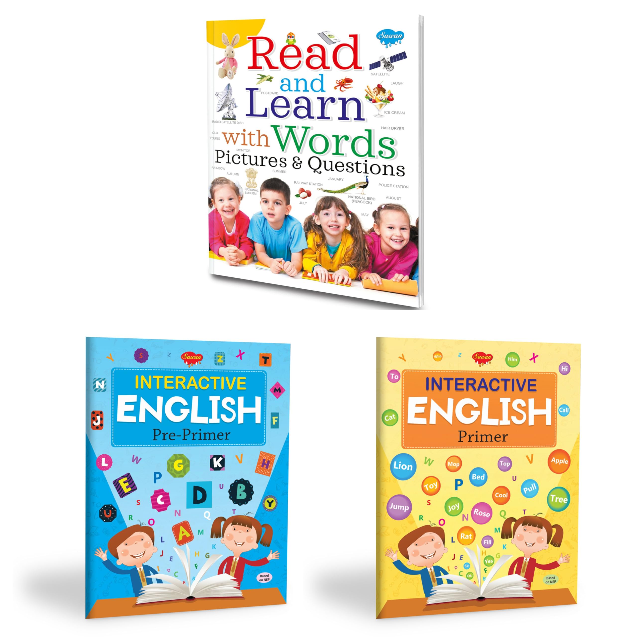 Set Of 3 Books, English Learning Books | Read And Learn With Words, Pictures & Questions, Interactive English (PrePrimer) And I