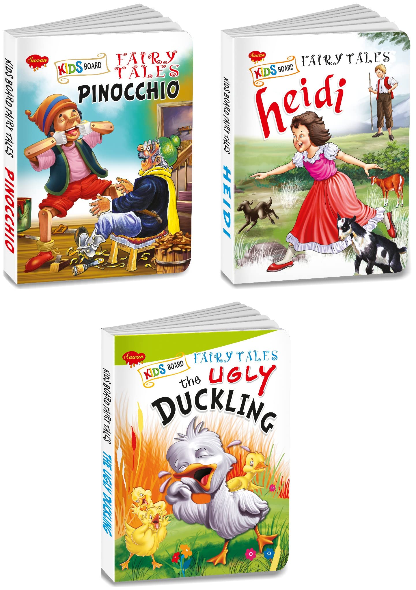 Sawan Set Of 3 Books, Kids Board Fairy Tales (Pinnochio, Heidi, The Ugly Duckling)