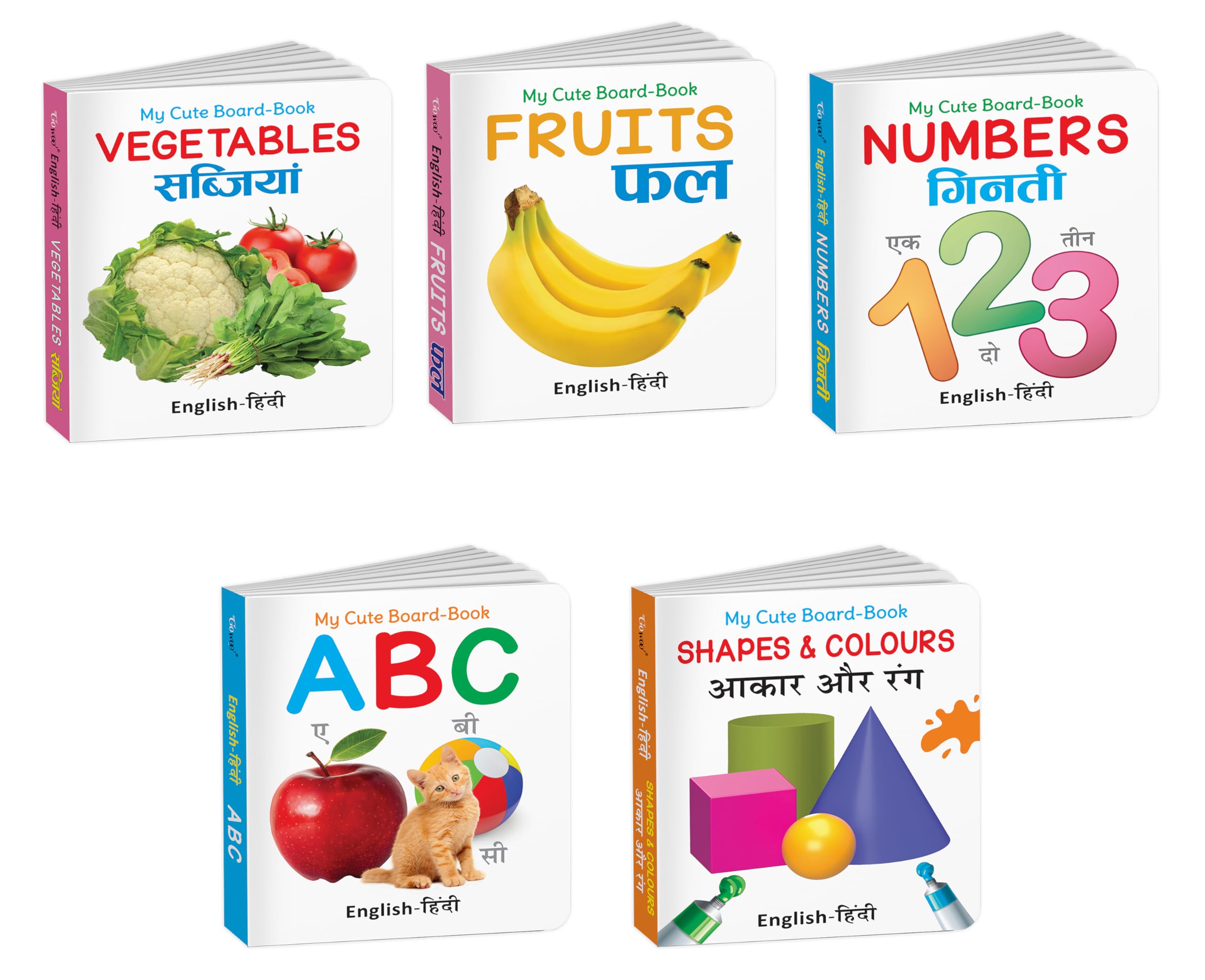 My Cute Board Book ABC, Fruits, Vegetables, Shapes & Colours and More Books (ENGHINDI) : Preschool Book Set, Board Books in Hin