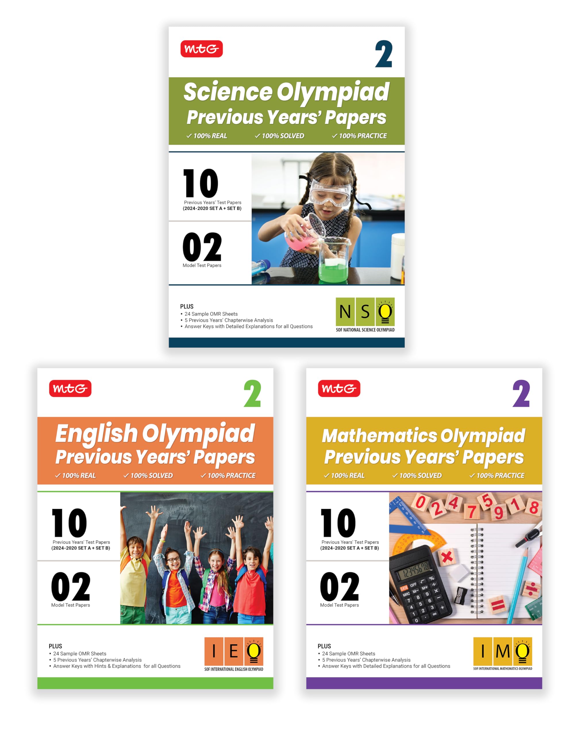 MTG Class2 IMONSOIEO Olympiad 10 Previous Years Papers (20242020 Set A & B) Mathematics, Science & English (Set of 3 Books) 