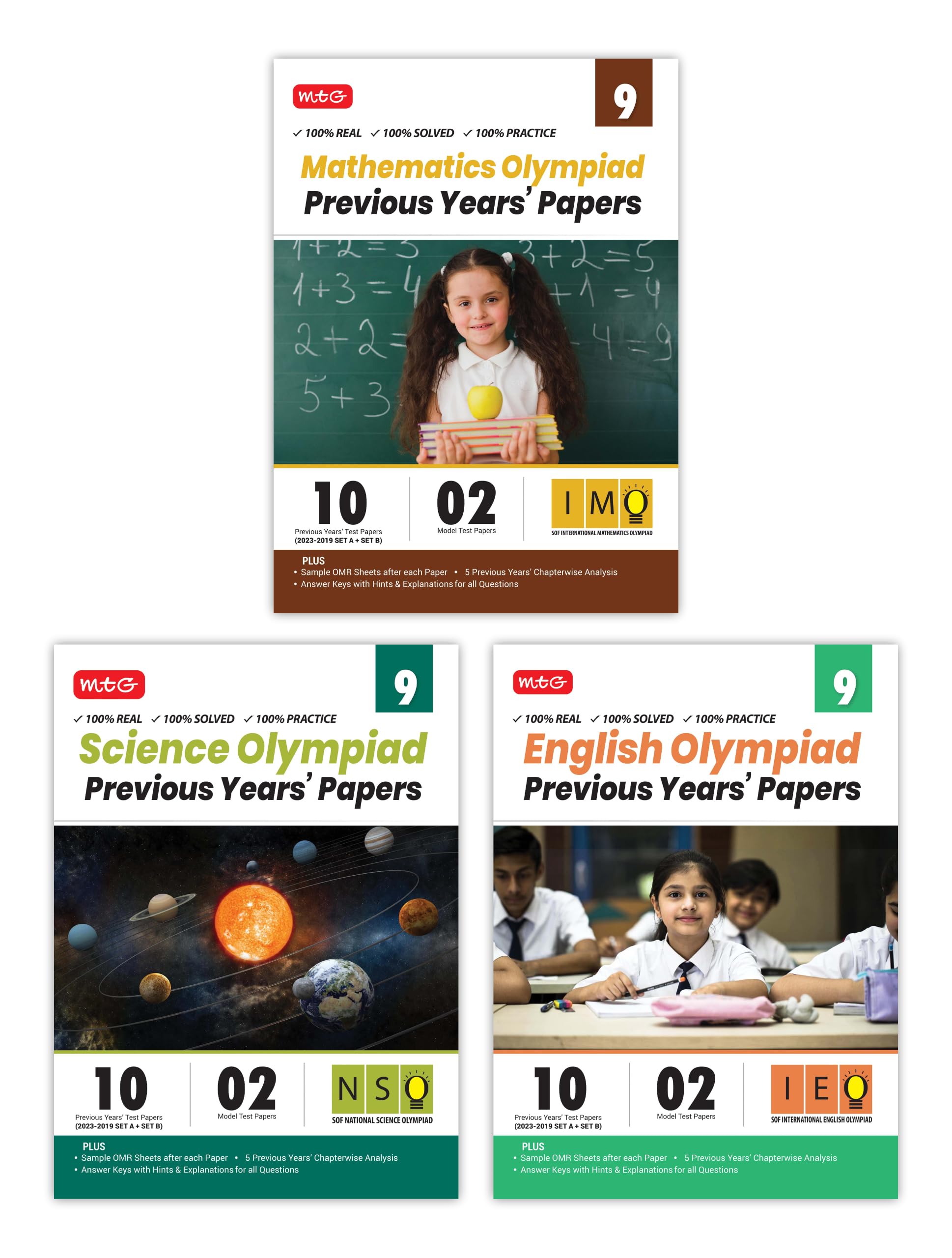 MTG IMONSOIEO Class9 Olympiad Previous Years Papers (20232019 Set A & B) Mathematics, Science & English (Set of 3 Books) | M