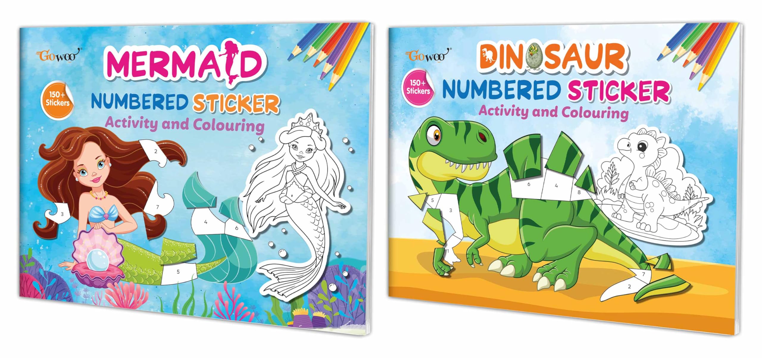 Mermaid and Dinosaur Numbered Sticker Activity and Colouring books for age 3+ Kids : Childrens sticker and coloring books, Col