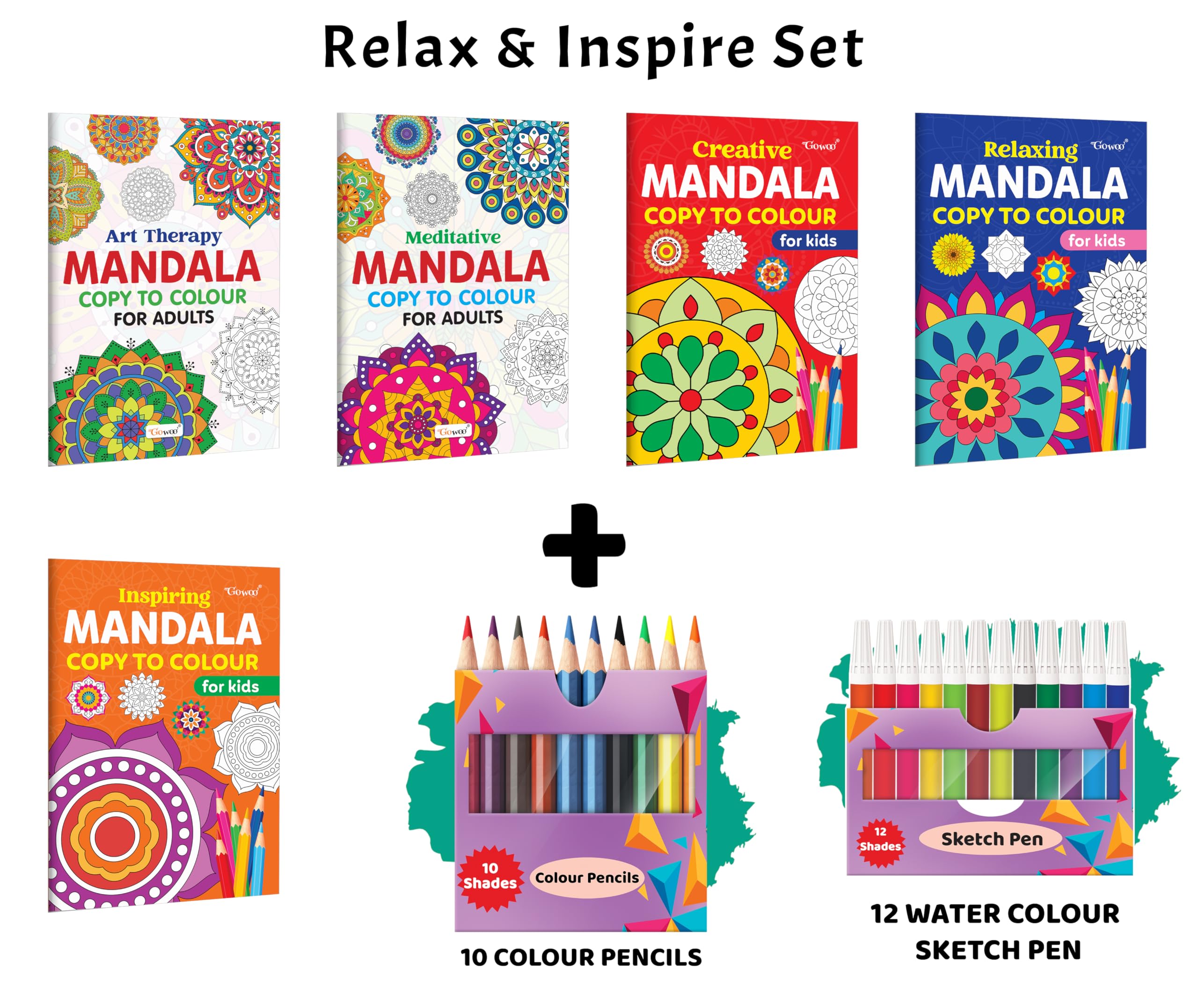 Art Therapy, Meditative, Creative  Mandala Copy to Colour for Adults & Kids and more with 12 Water Colour Sketch Pens and 10 Co