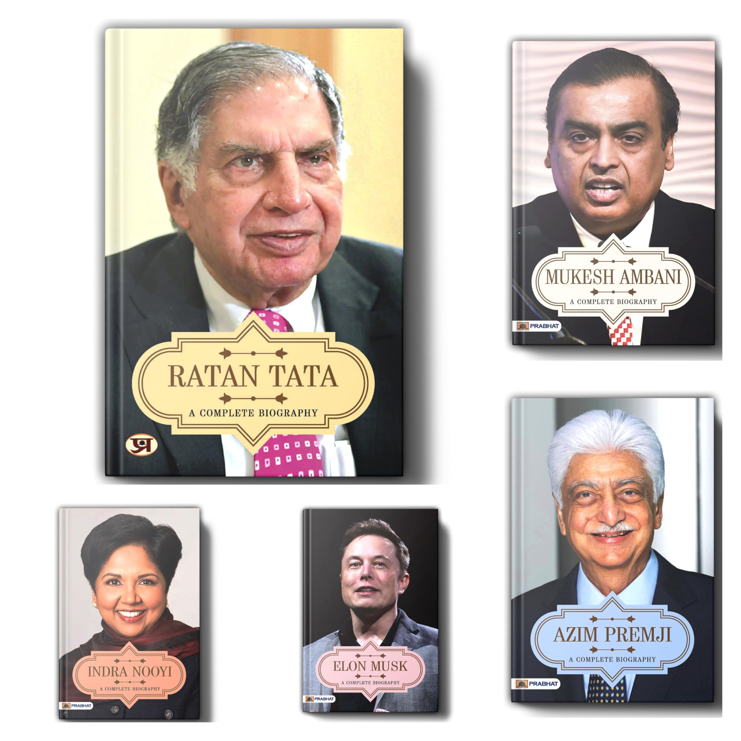 A Complete Biography of Successful Businessmen Azim Premji ,Elon Musk, Indra Nooyi, Mukesh Ambani, Ratan Tata (Set of 5 English 