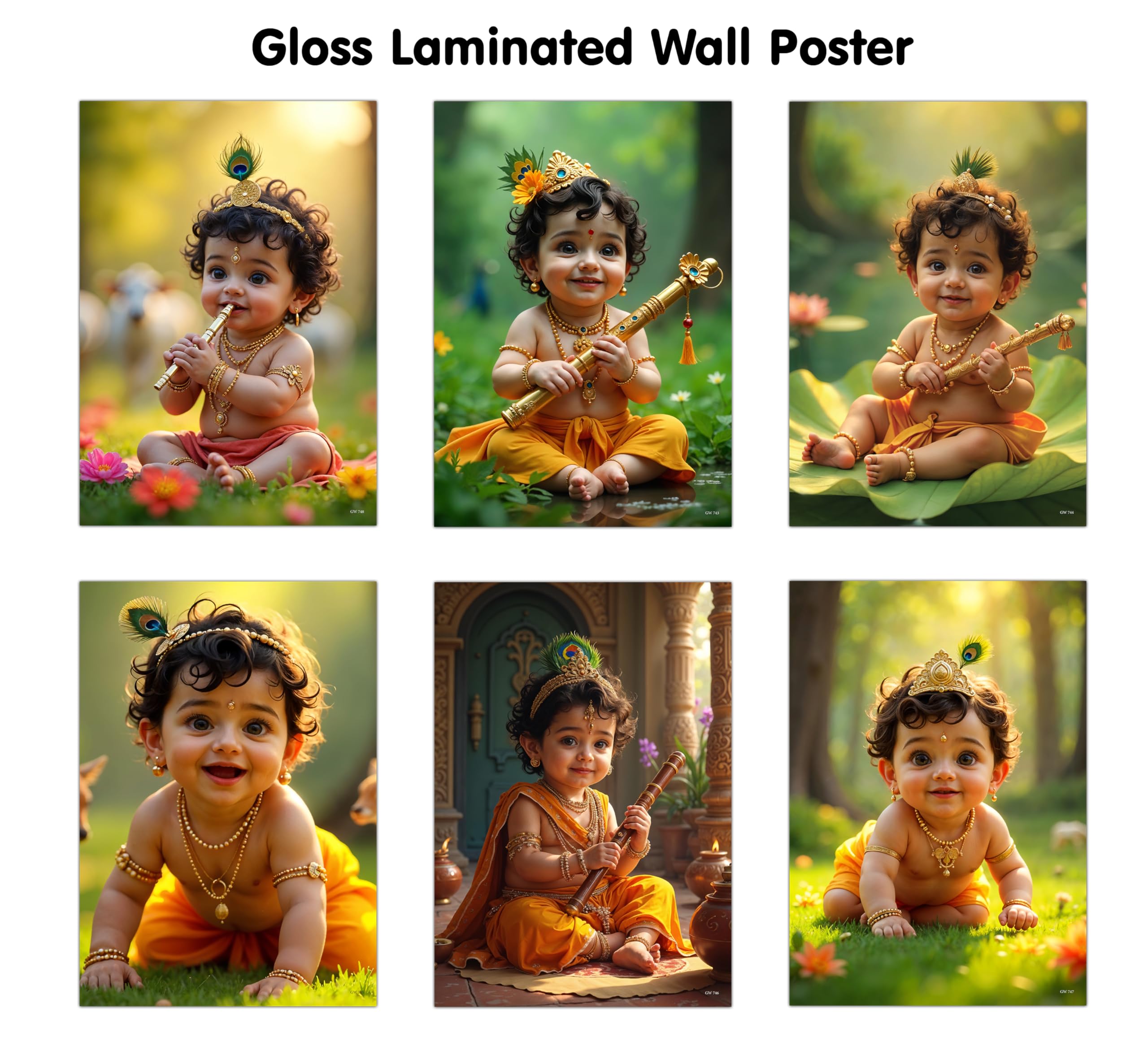 KRISHNA BABY POSTER  1, 2, 3, 4, 5 and 6 (GLOSS LAMINATION) : glossy Krishna devotional wall frame, cute posters for home deco