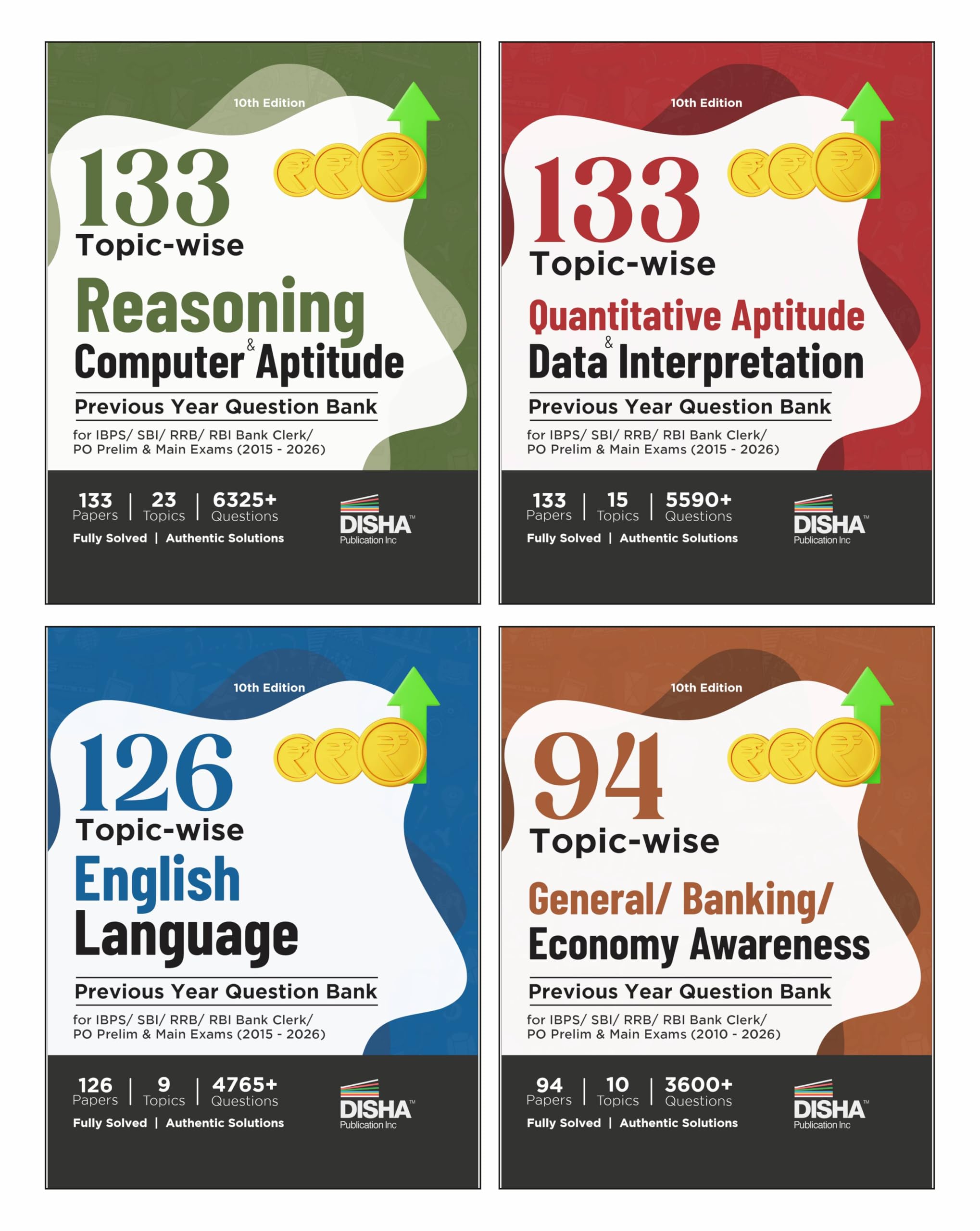 Disha Combo (Set Of 4 Books) 138 TopicWise Reasoning/ Quantitative Aptitude/ English/ General Awareness Solved Papers For Ibps/