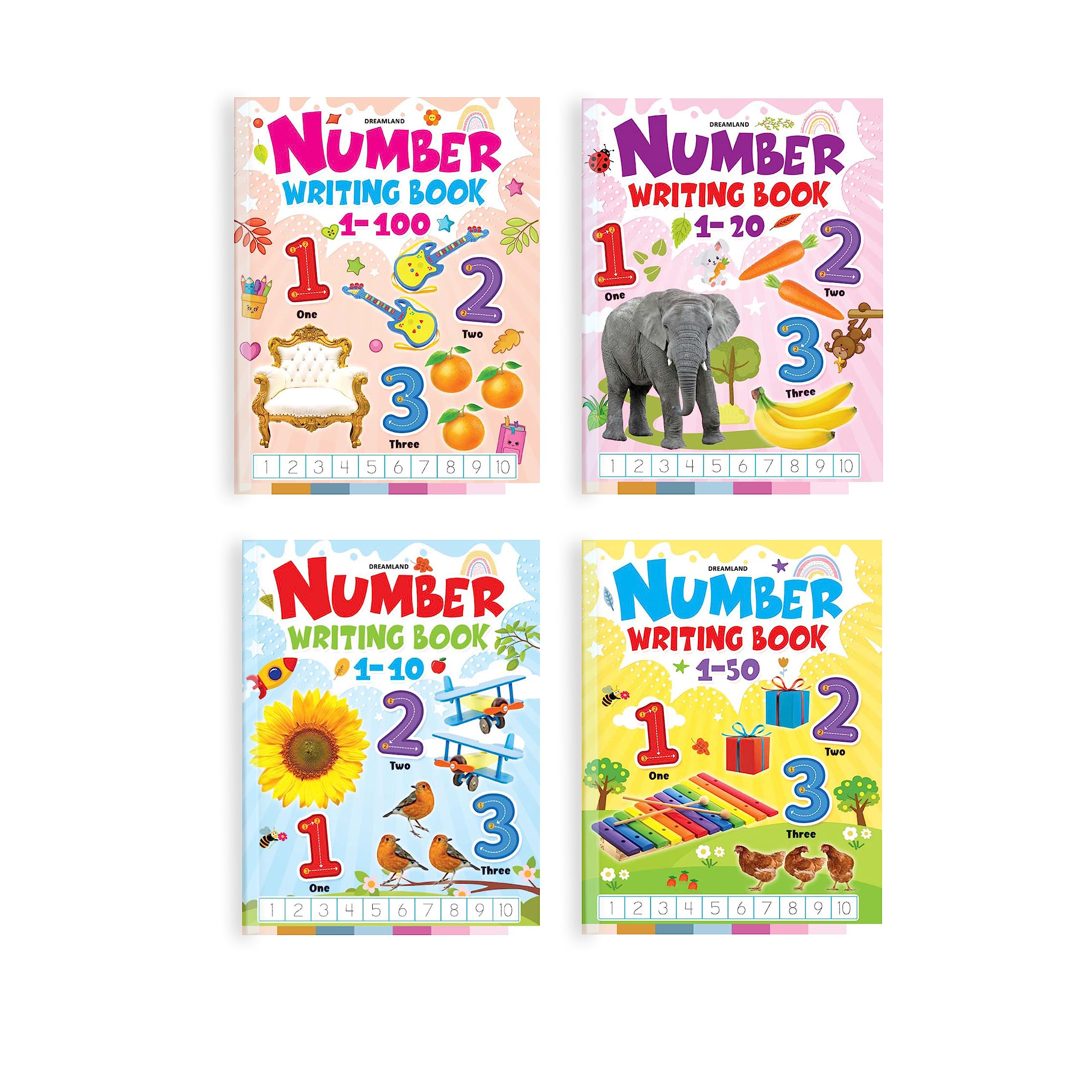 Number Writing Practice Books Pack For Kids Ages 25  Set Of 4 Early Learning Activity Books | Numbers 110, 120, 150 & 1100