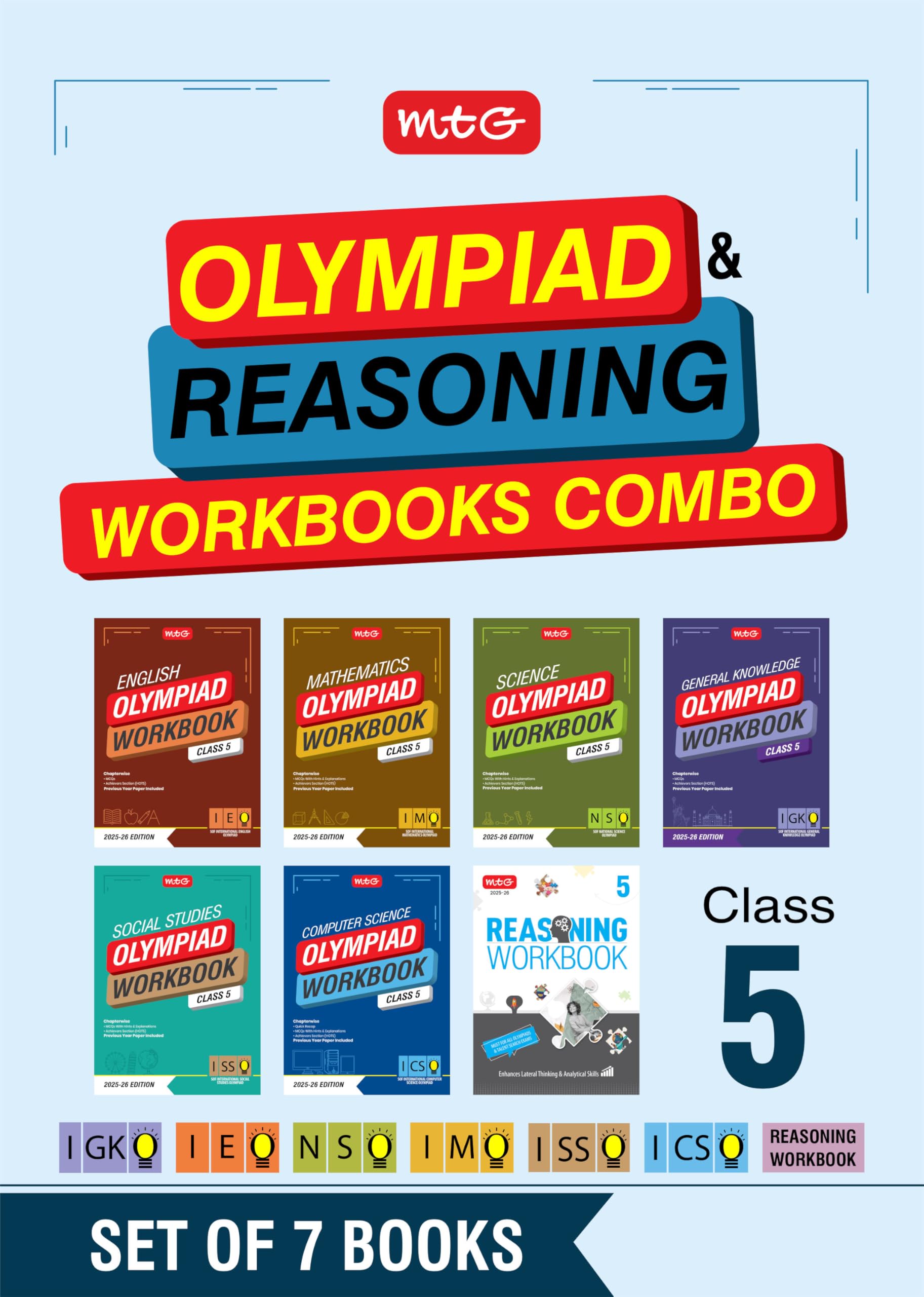 Mtg Class5 NsoImoIeoIcsoIgkoIsso Olympiad And Reasoning Workbook Combo (Set Of 7 Books) | Mcqs, Previous Years Paper & Ach