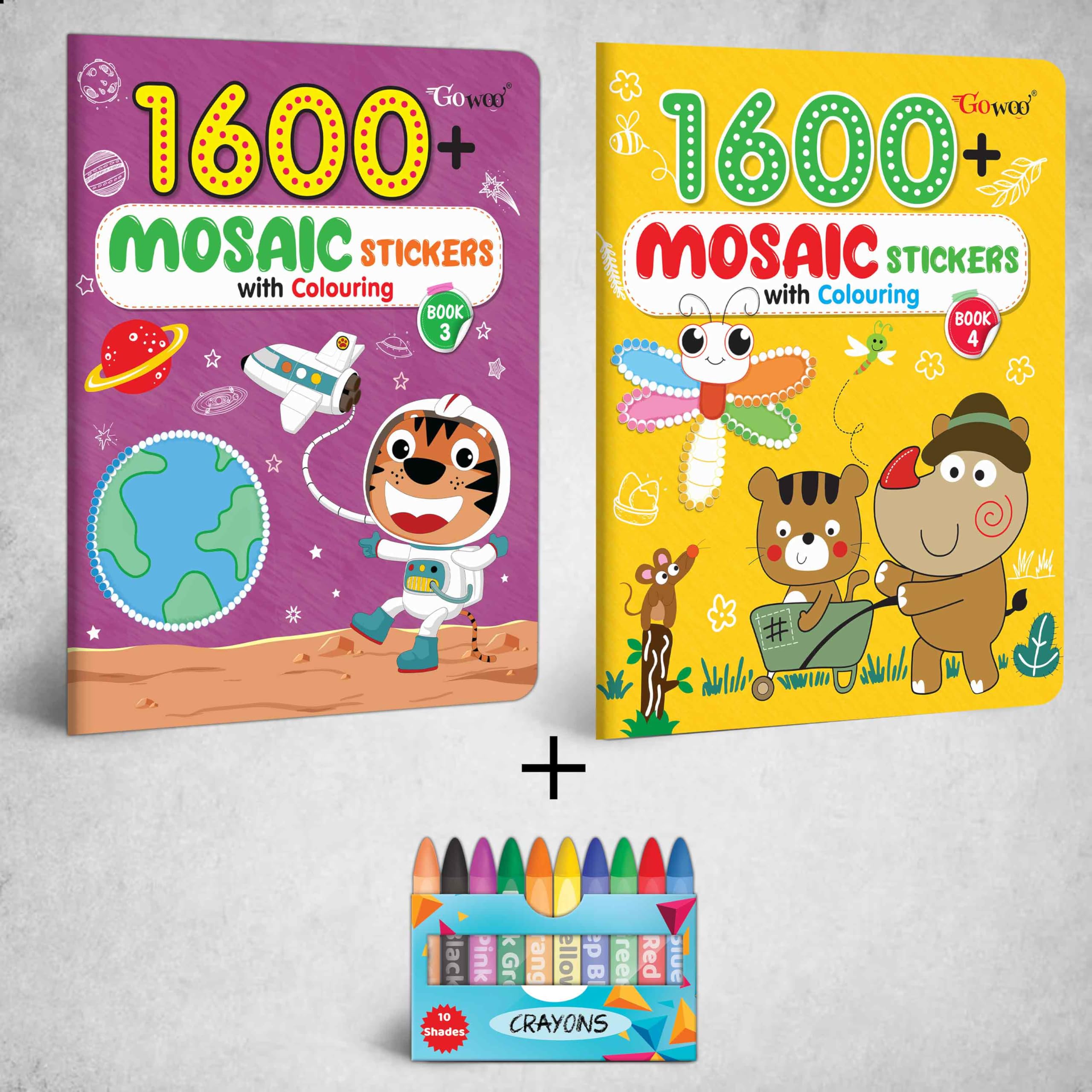 1600 MOSAIC STICKERS WITH COLOURING  BOOK 3 & 4 with 10 WAX CRAYONS |Combo of 2 | Colorful Connections: Stickers and Coloring U