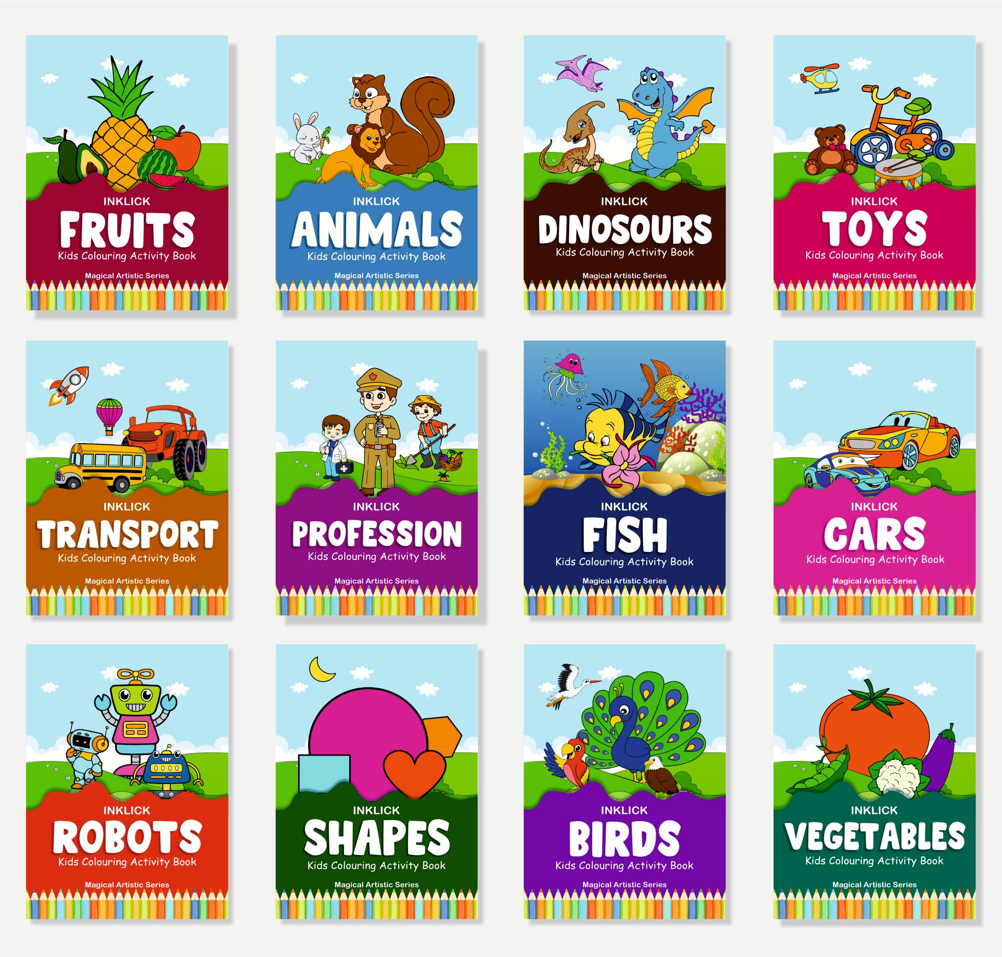 Box Set Of 12 Inklick Kids Activity Colouring Books: A Magical Artistic Series.