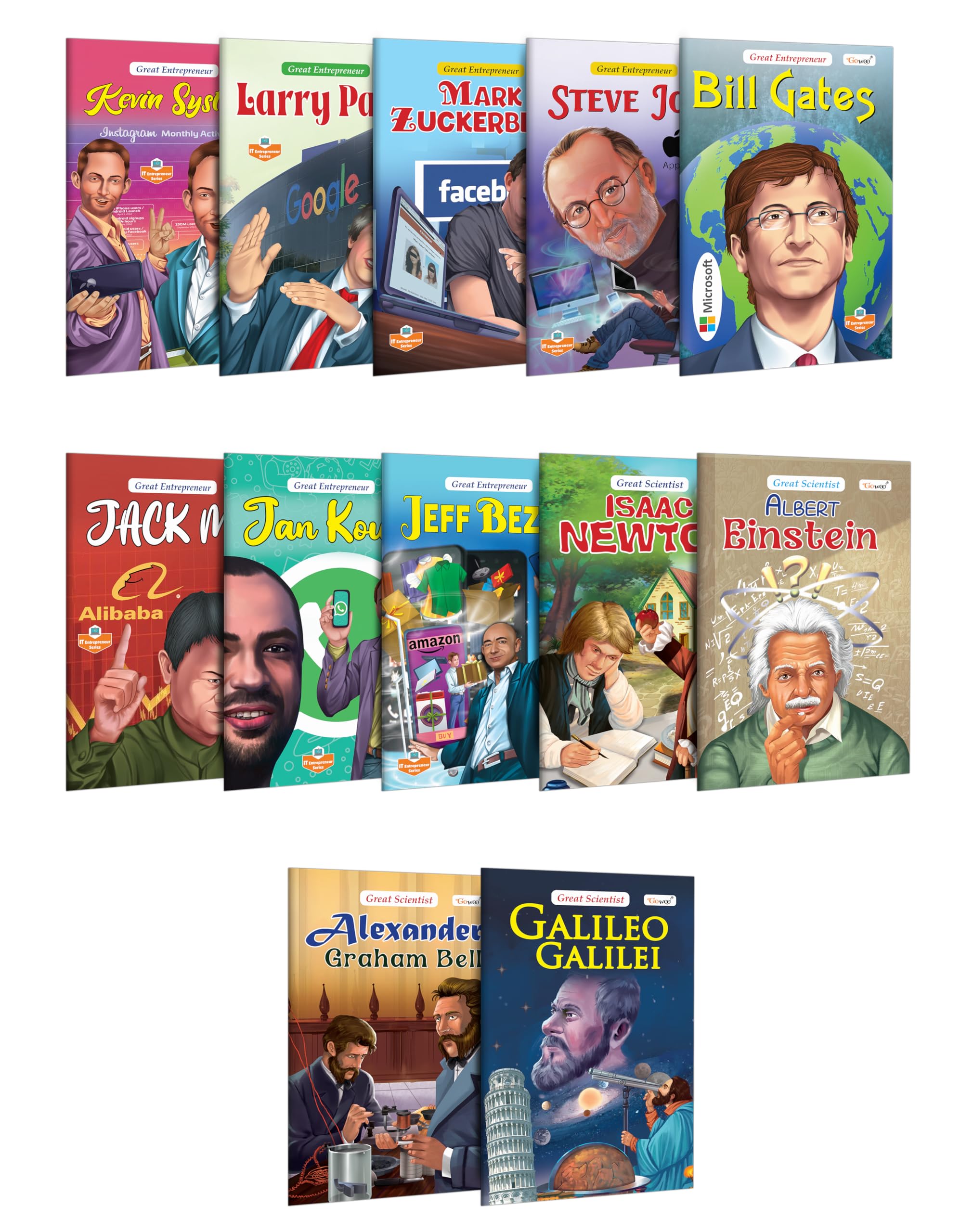 Children learning story book (Set of 12 Books) : Great Enterpreneurs and Scientists books  Bill Gates, Steve Jobs, Mark Zuckerb