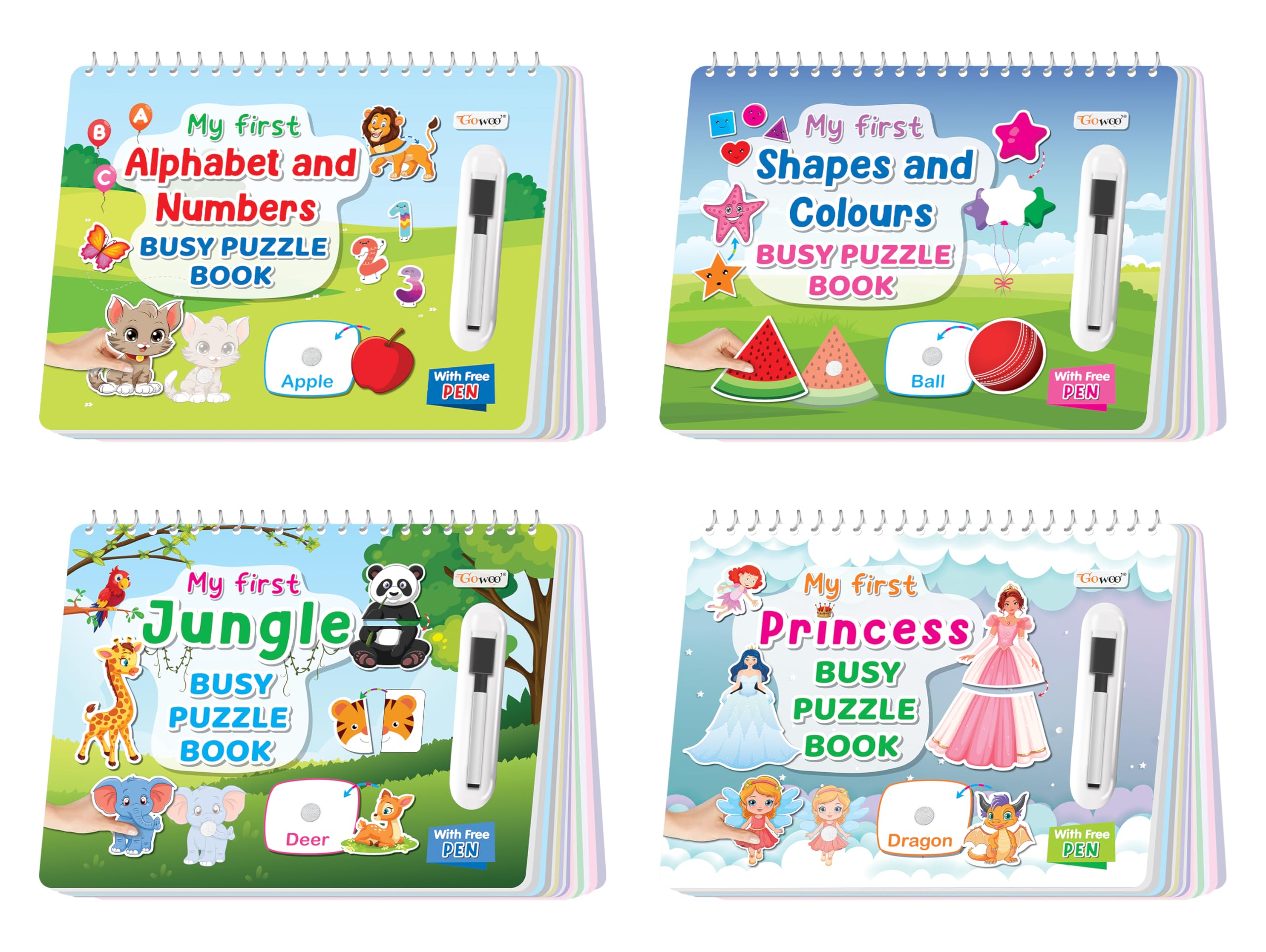 My First Alphabet and Numbers, Shapes and Colours, Jungle and My First Princess Busy Puzzle Book : Hook and loop Montessori Book