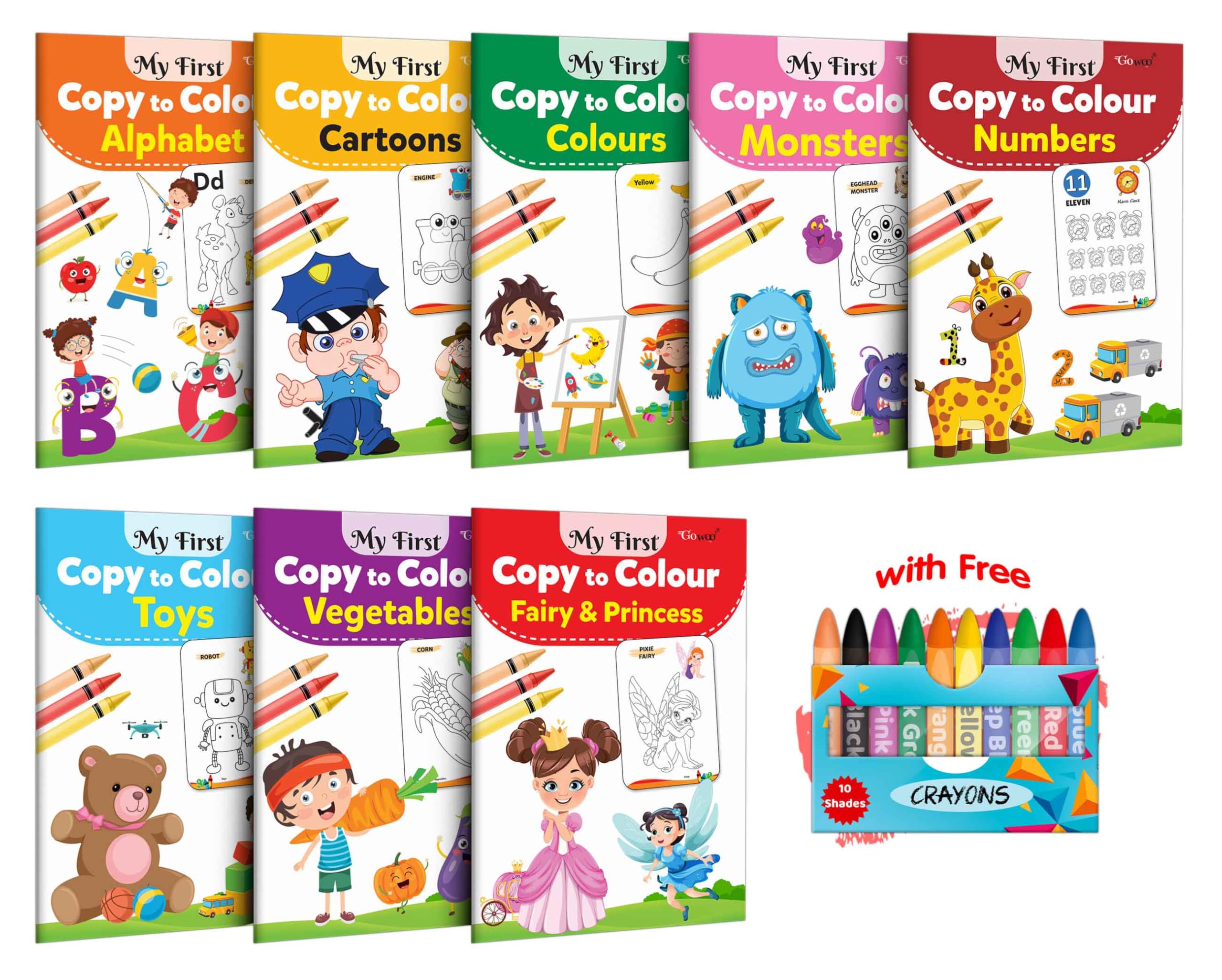 My First Copy to Colour  Alphabet, Cartoons, Colours, Monster, Numbers, Toys and more with 10 WAX CRAYONS : Colouring book for 