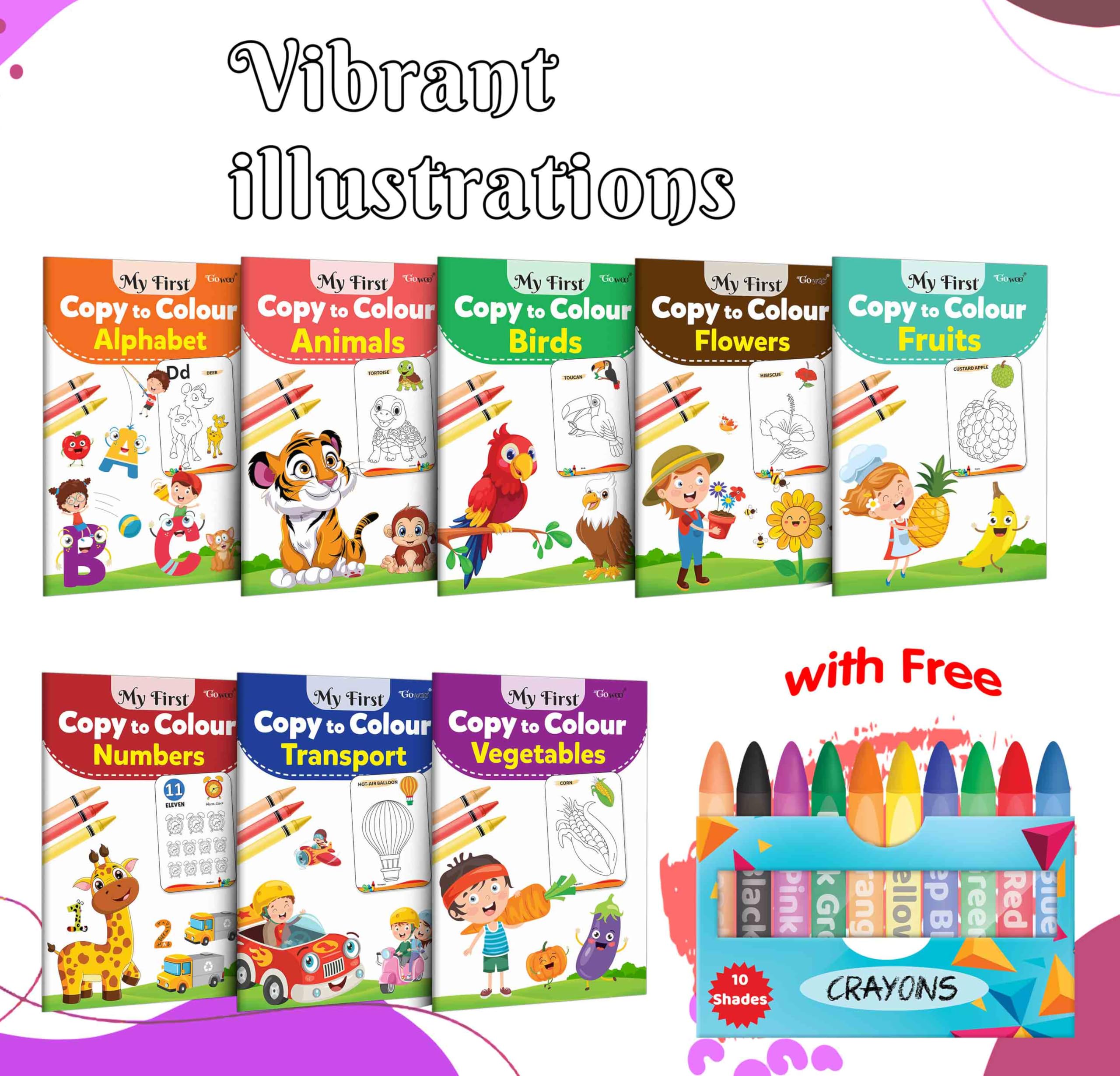 My First Copy to Colour  Alphabet, Animals, Birds, Flowers and more with 10 WAX CRAYONS : skill development book, Toddler colou