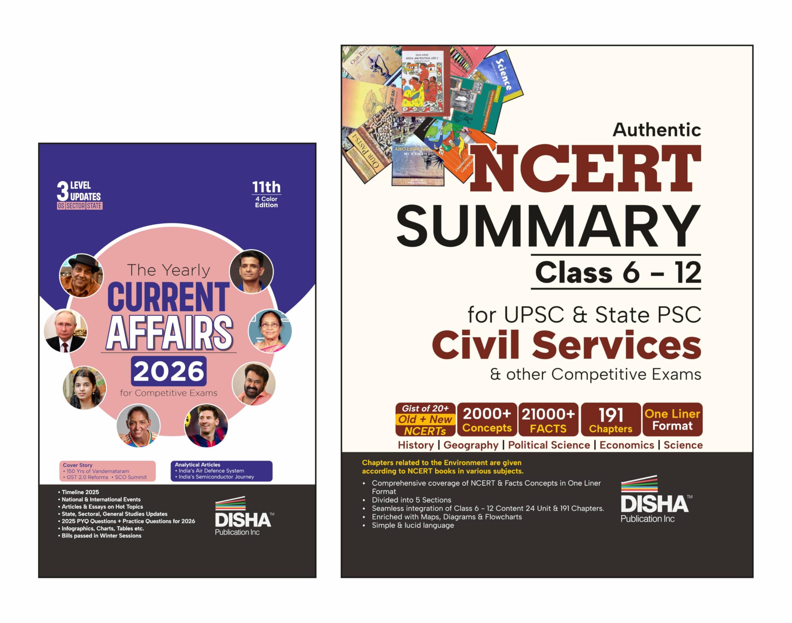 Disha Combo (Set Of 2 Books) Ncert Summary Class 6 To 12 With Yearly Current Affairs 2026 For Competitive Exams 2Nd Edition | Ge