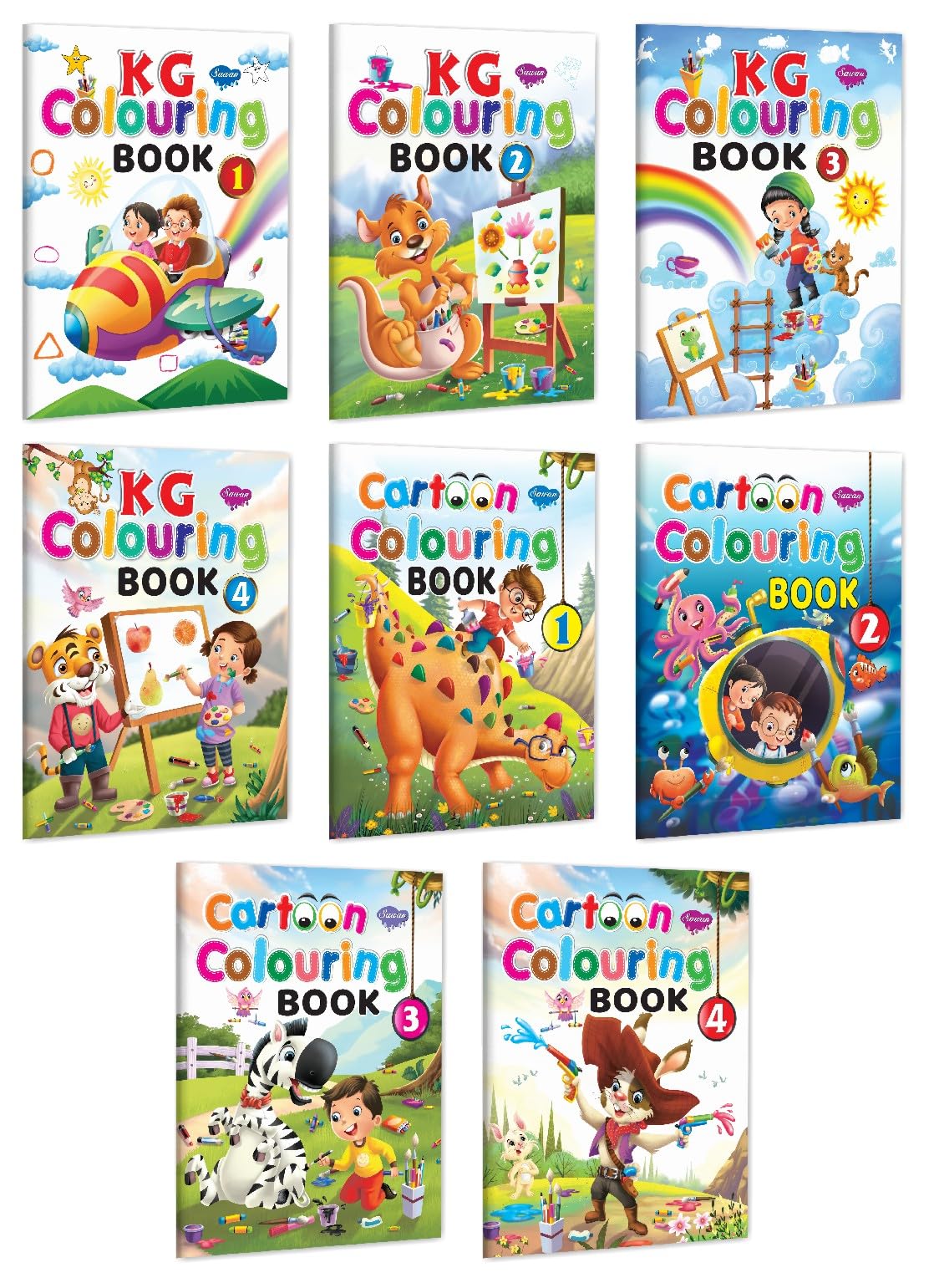 Colouring Books K.G Colouring Books 1 To 4, Cartoon Colouring Books 1 To 4 | Pack Of 8 Books