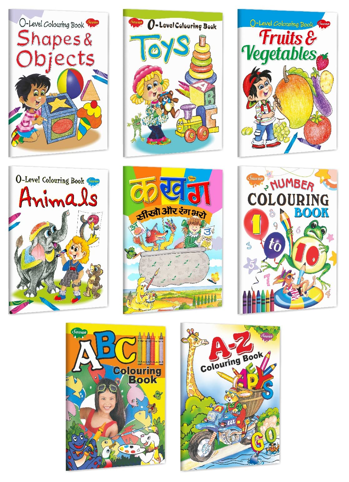 Set Of 8 Colouring Books For Children | 0 Level Shapes & Objects, Toys, Fruits & Vegetables, Animals, Hindi Alphabet Colouri
