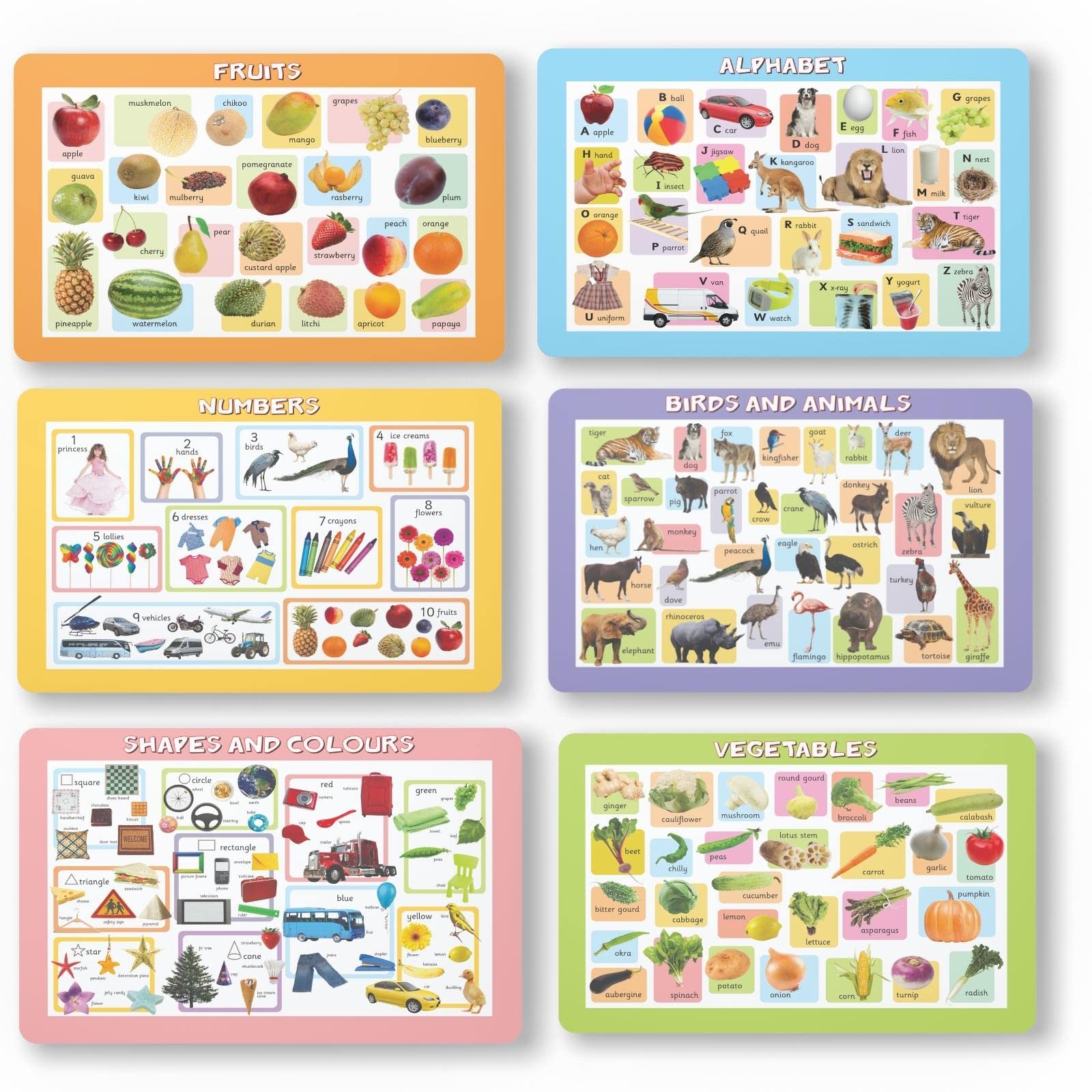 Early Learning Educational Charts Set for Kids | 43X28 cm | Set of 6 | NonTearable and Waterproof | Perfect for Homeschooling, 