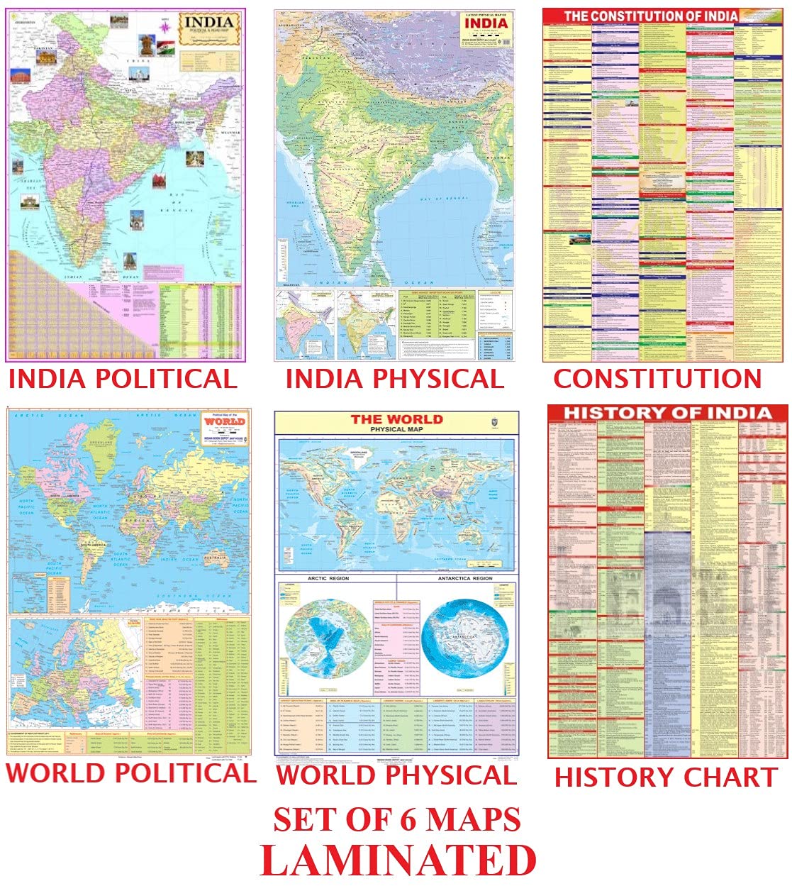 Hivex Publication India & World Map (Both Political & Physical) With Indian Constitution And Indian History Chart | Laminated | 