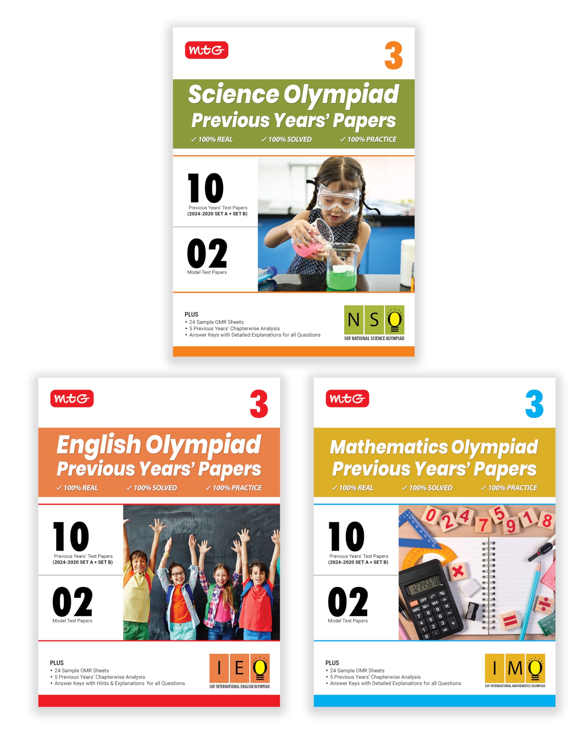 MTG Class3 IMONSOIEO Olympiad 10 Previous Years Papers (20242020 Set A & B) Mathematics, Science & English (Set of 3 Books) 