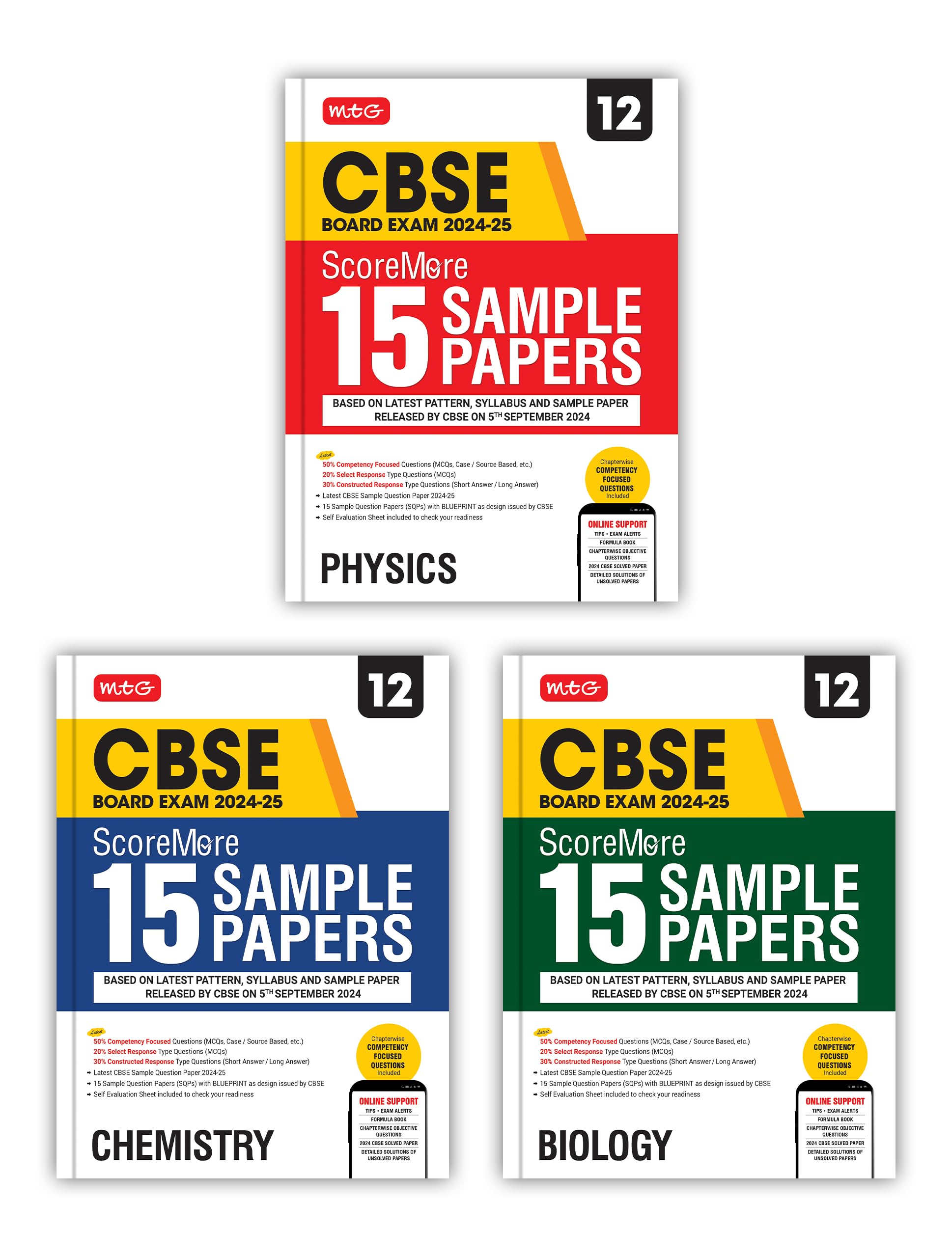MTG CBSE Class 12 ScoreMore 15 Sample Papers Physics, Chemistry & Biology Books For 2025 Board Exam (Set of 3) | Detailed Soluti