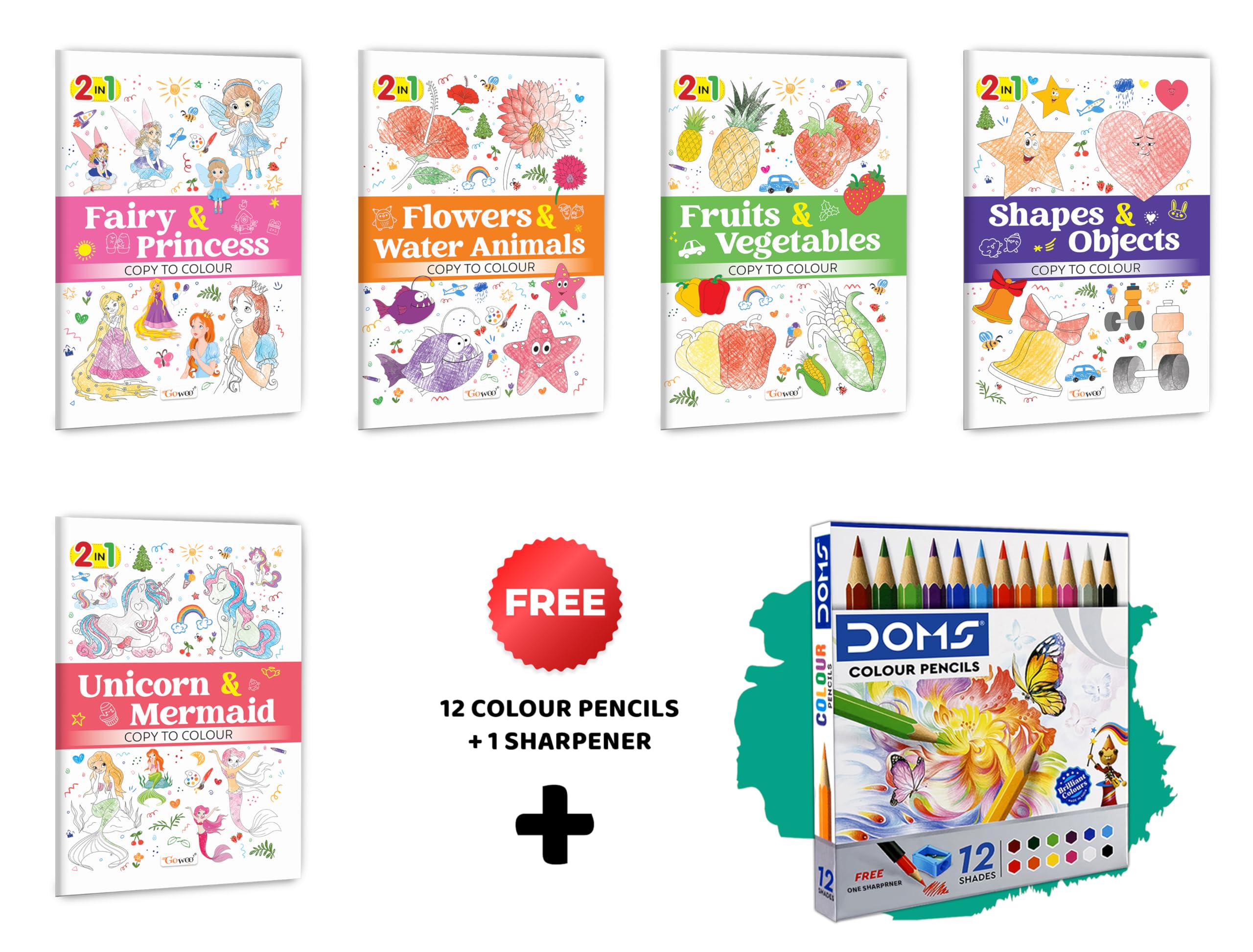 2 in 1 Copy to Colour  Fairy & Princess, Flowers & Water Animals, Fruits & Vegetables and more with 12 Colour Pencils + 1 Sharp