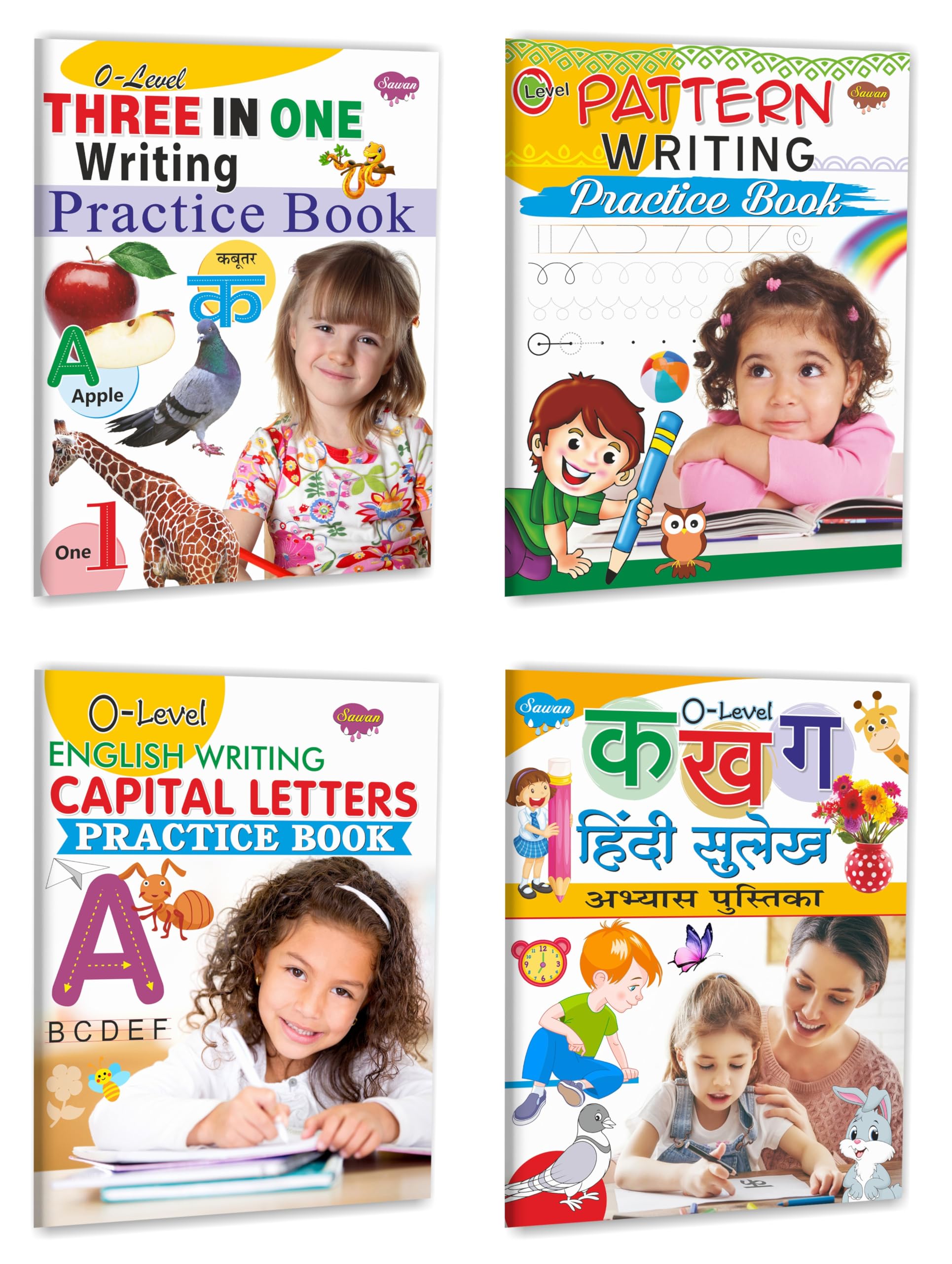 Set Of 4 Books, OLevel : Three In One Writing Practice Book, Pattern Writing Practice Book, English Writing Capital Letters Pra