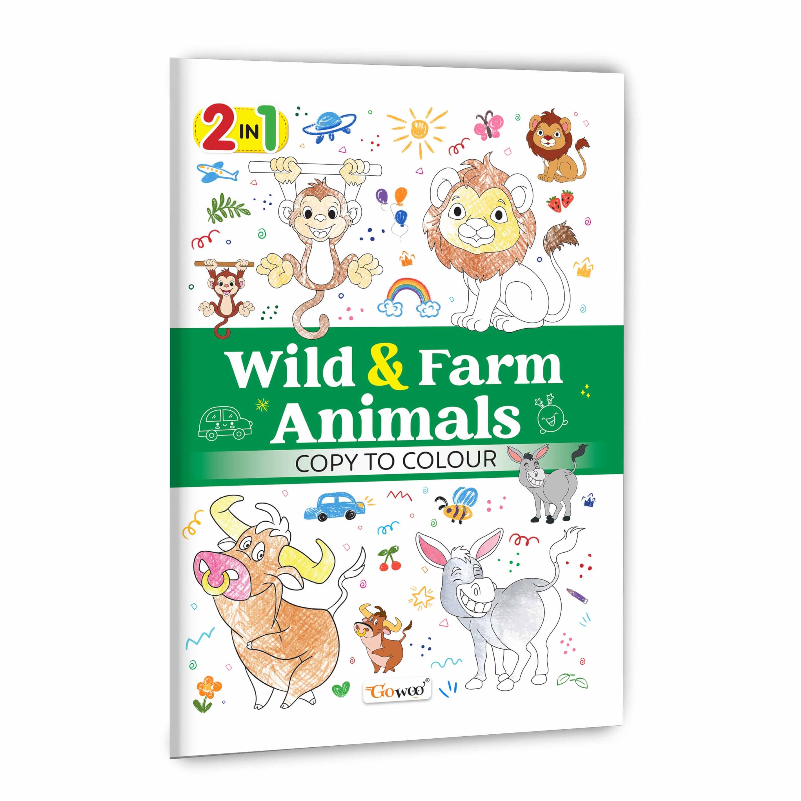 2 in 1 Wild & Farm Animals Copy to Colour : Wild Animal Colouring book, Creative Jungle artwork for kids, Farm Animal colouring